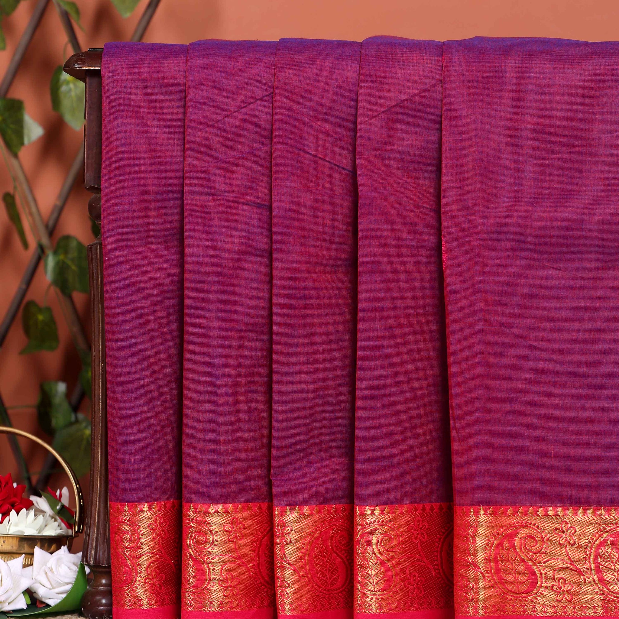 Traditional Chettinad Handloom Cotton Saree with Golden Zari Woven Border and Buttas - Purple