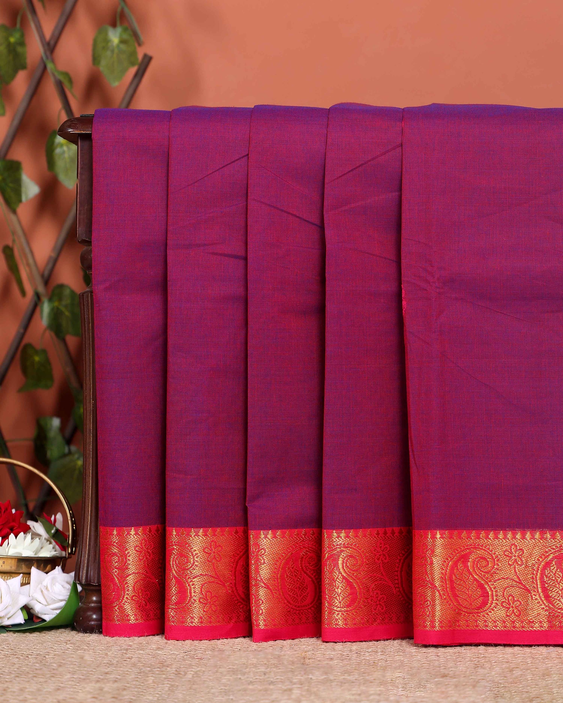 Traditional Chettinad Handloom Cotton Saree with Golden Zari Woven Border and Buttas - Purple