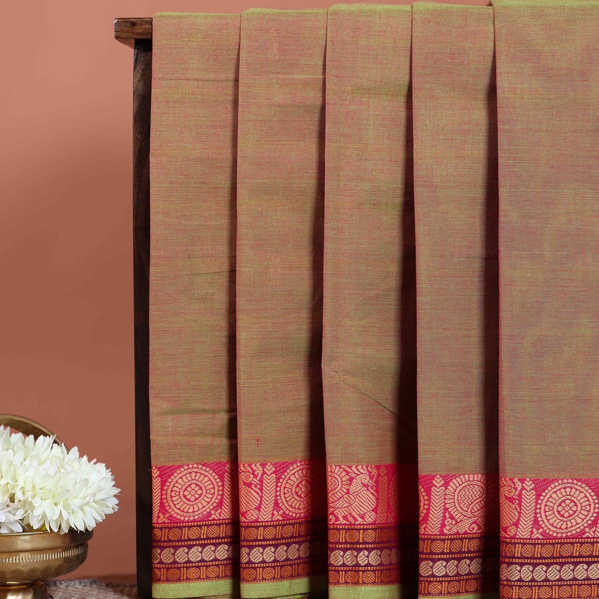 Traditional Chettinad Handloom Cotton Saree with Rich Jacquard Woven Temple and Paisley Border -Olive Green