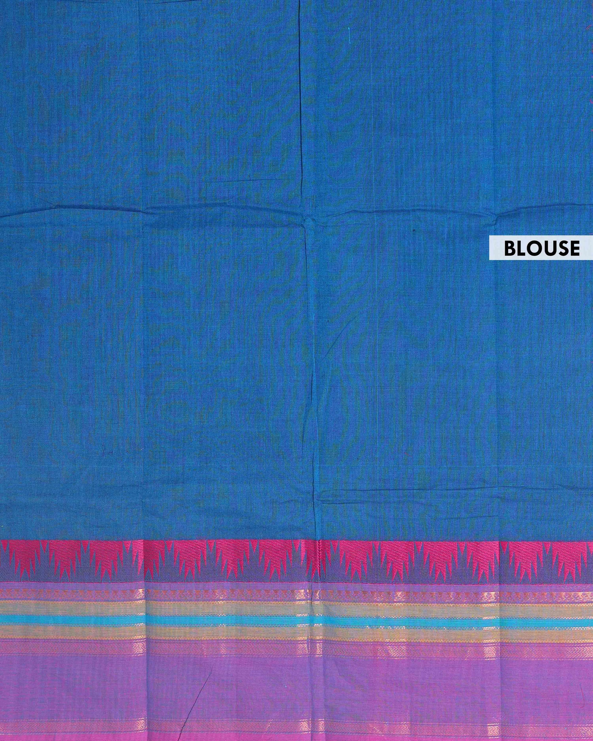Traditional Chettinad Handloom Cotton Saree with Striped Body and Temple Border - Blue
