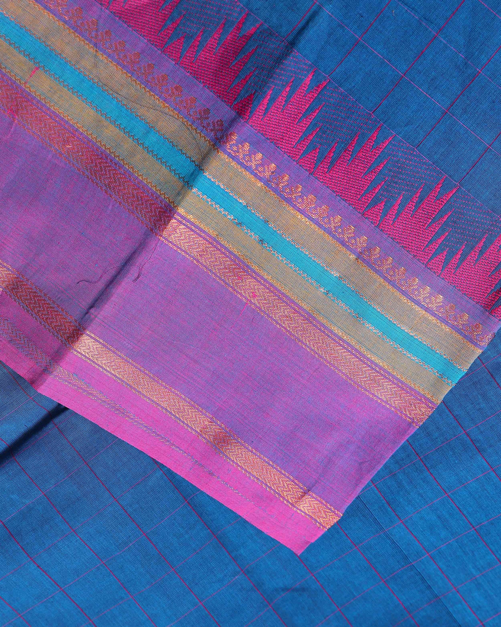 Traditional Chettinad Handloom Cotton Saree with Striped Body and Temple Border - Blue
