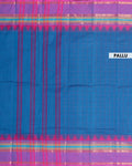 Traditional Chettinad Handloom Cotton Saree with Striped Body and Temple Border - Blue