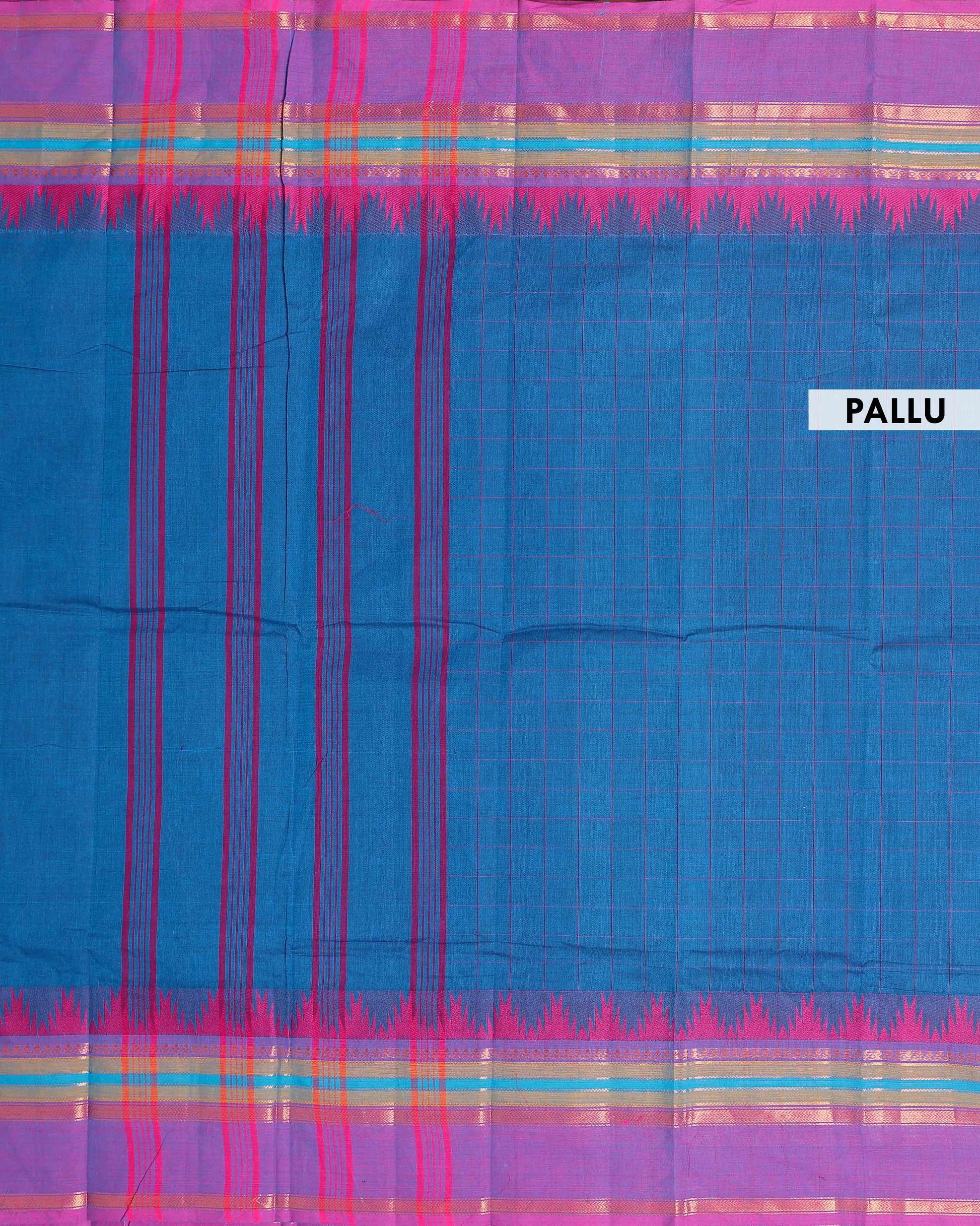 Traditional Chettinad Handloom Cotton Saree with Striped Body and Temple Border - Blue