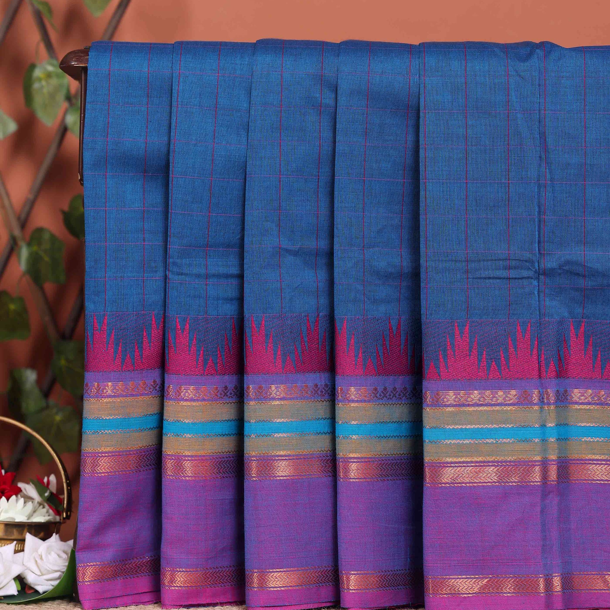 Traditional Chettinad Handloom Cotton Saree with Striped Body and Temple Border - Blue