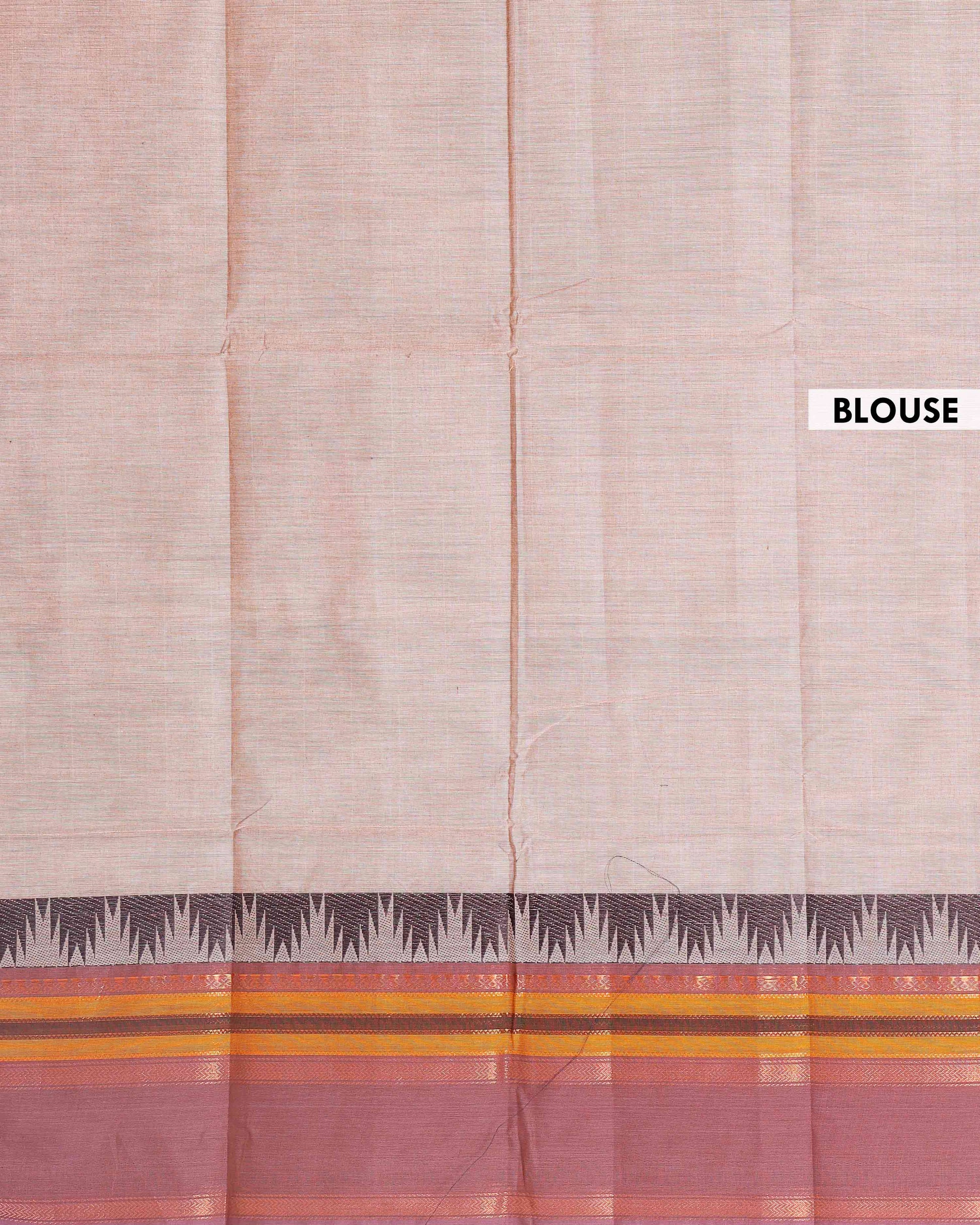
Traditional Chettinad Handloom Cotton Saree with Striped Body and Temple Border - Sandal
