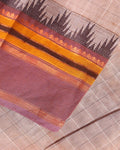
Traditional Chettinad Handloom Cotton Saree with Striped Body and Temple Border - Sandal
