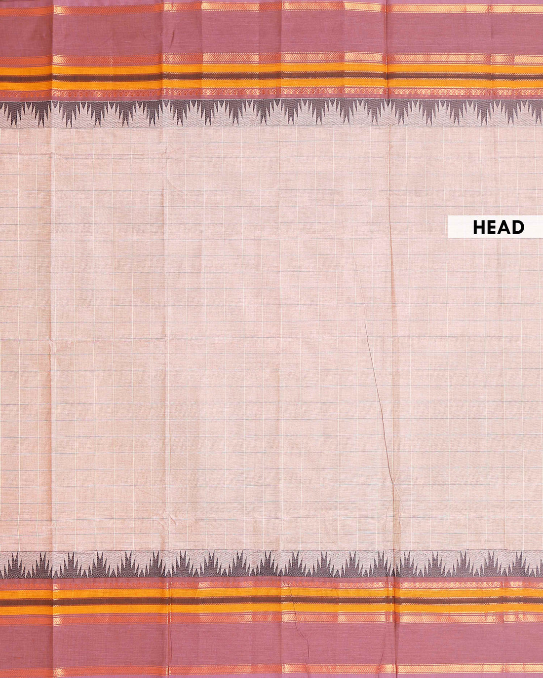 
Traditional Chettinad Handloom Cotton Saree with Striped Body and Temple Border - Sandal
