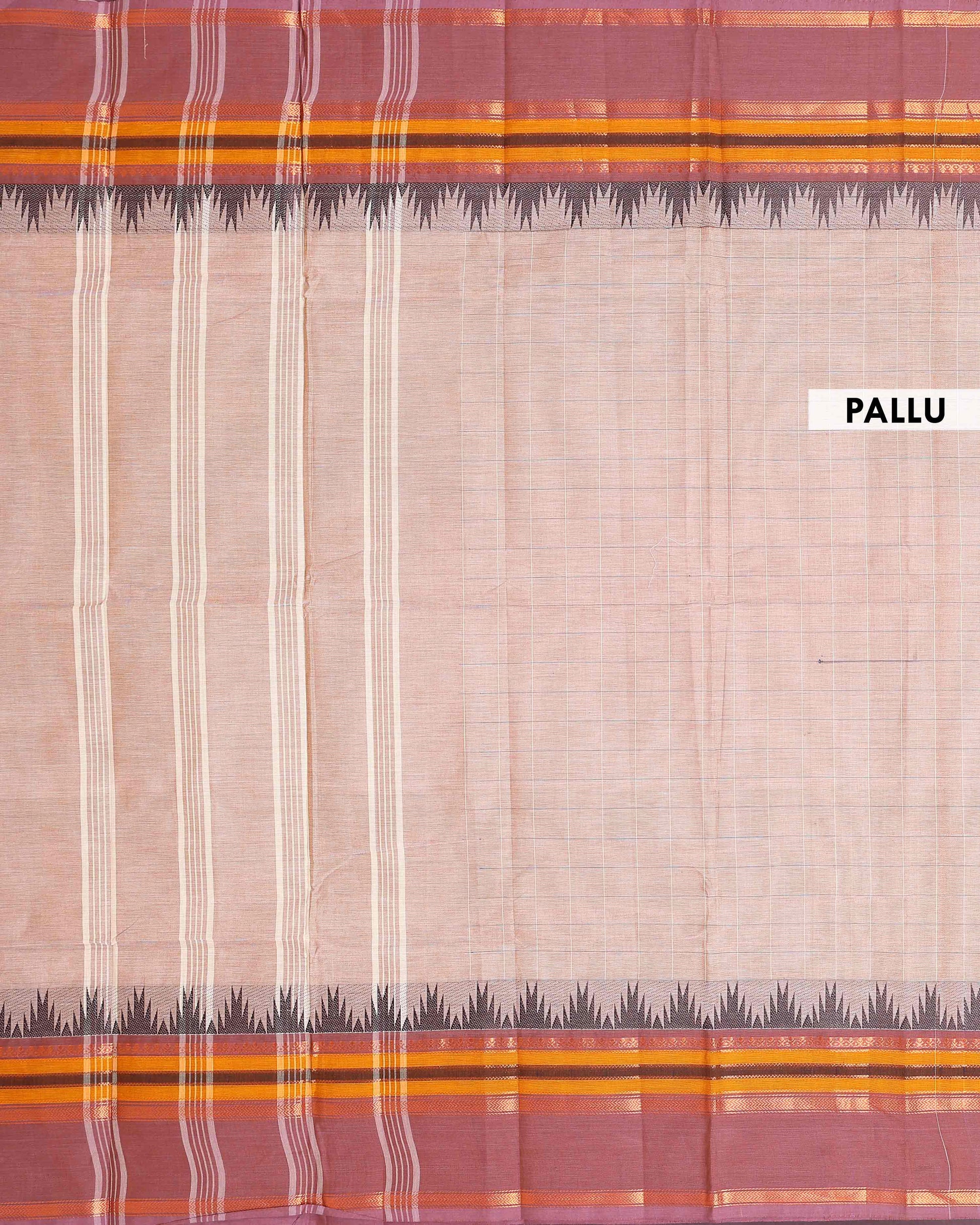 
Traditional Chettinad Handloom Cotton Saree with Striped Body and Temple Border - Sandal
