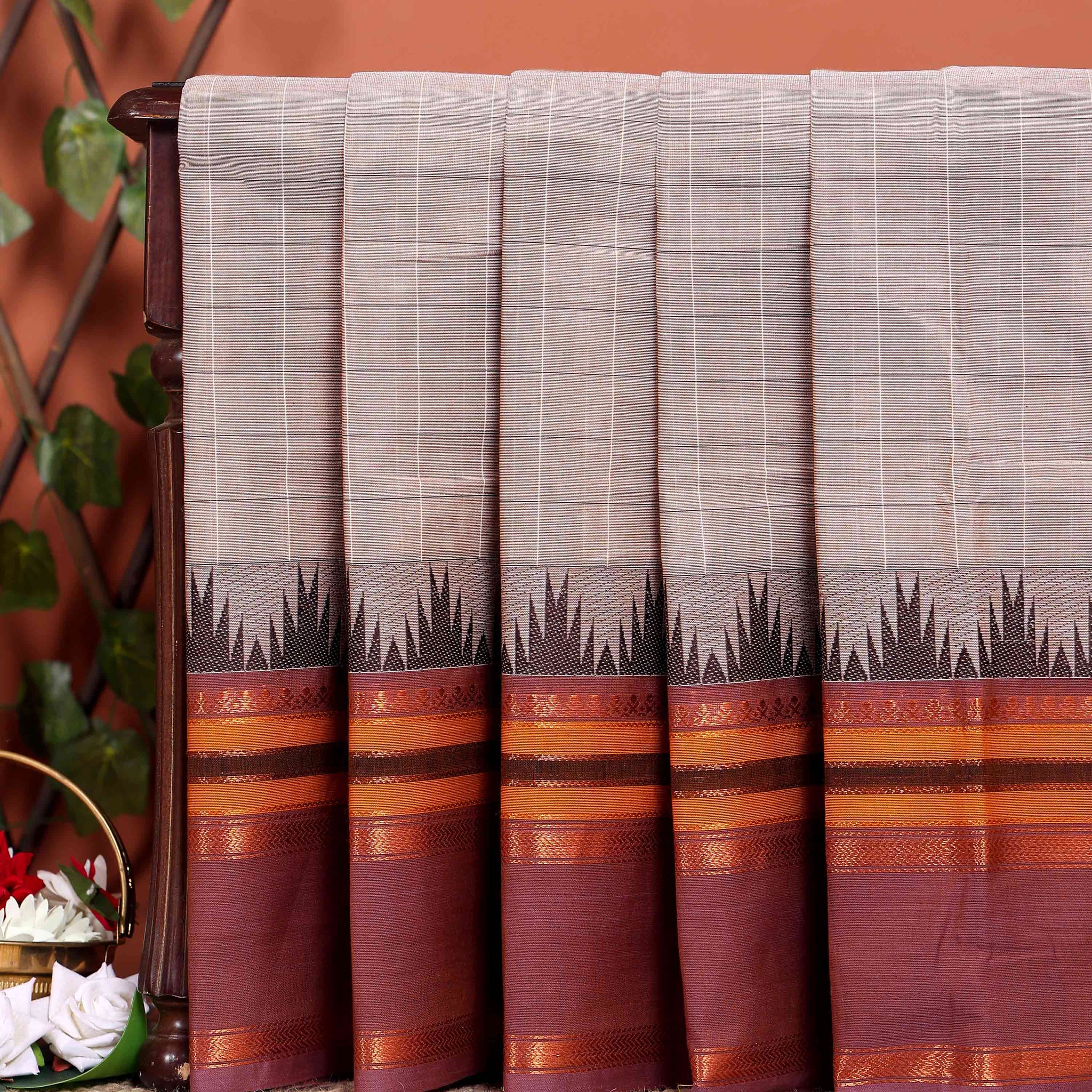 
Traditional Chettinad Handloom Cotton Saree with Striped Body and Temple Border - Sandal
