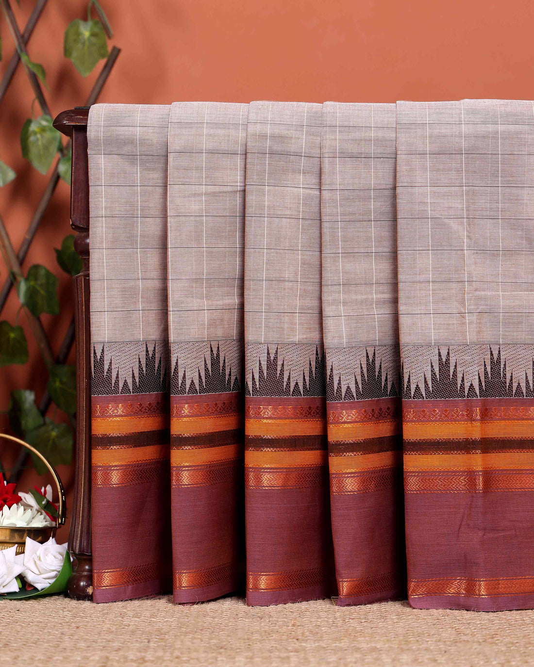 
Traditional Chettinad Handloom Cotton Saree with Striped Body and Temple Border - Sandal
