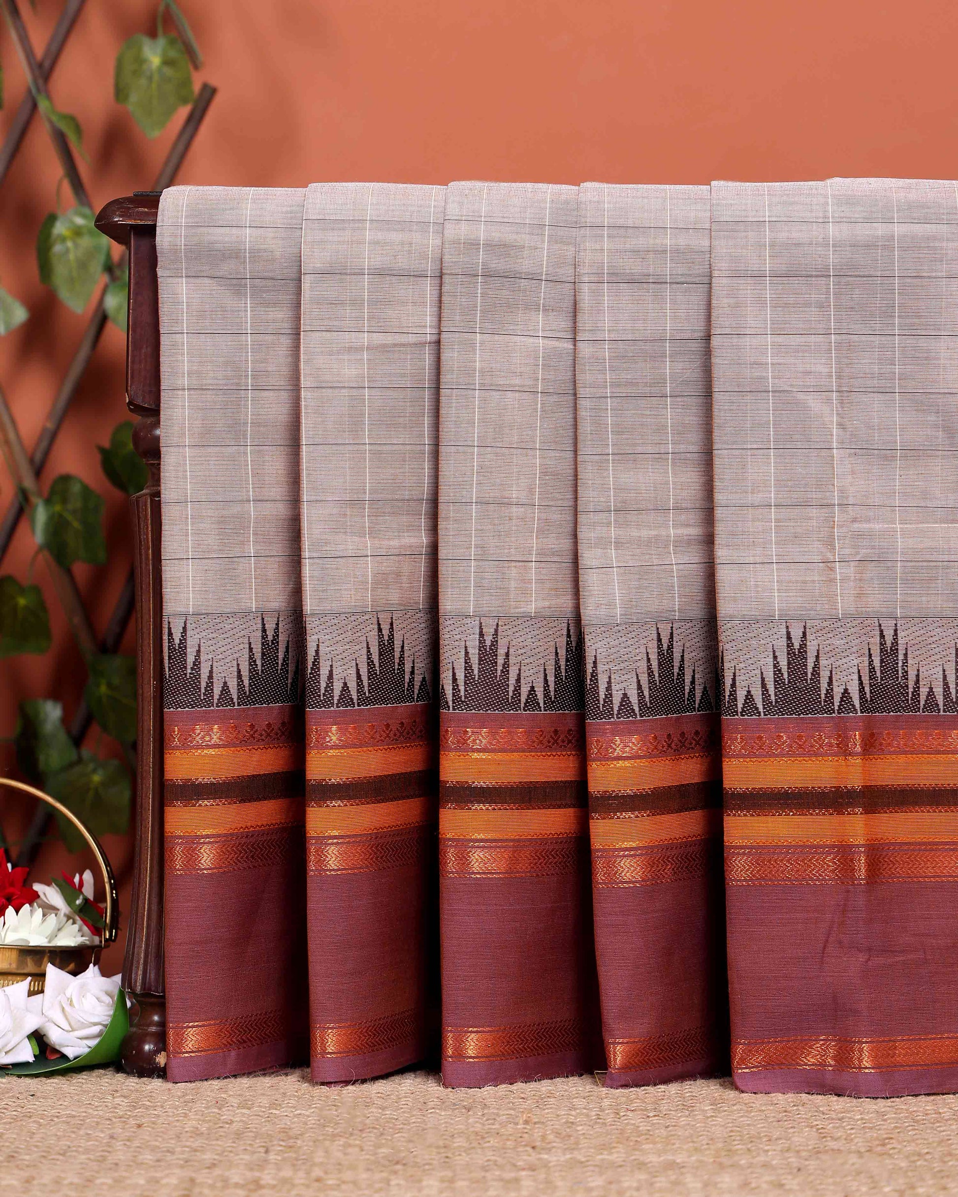 
Traditional Chettinad Handloom Cotton Saree with Striped Body and Temple Border - Sandal
