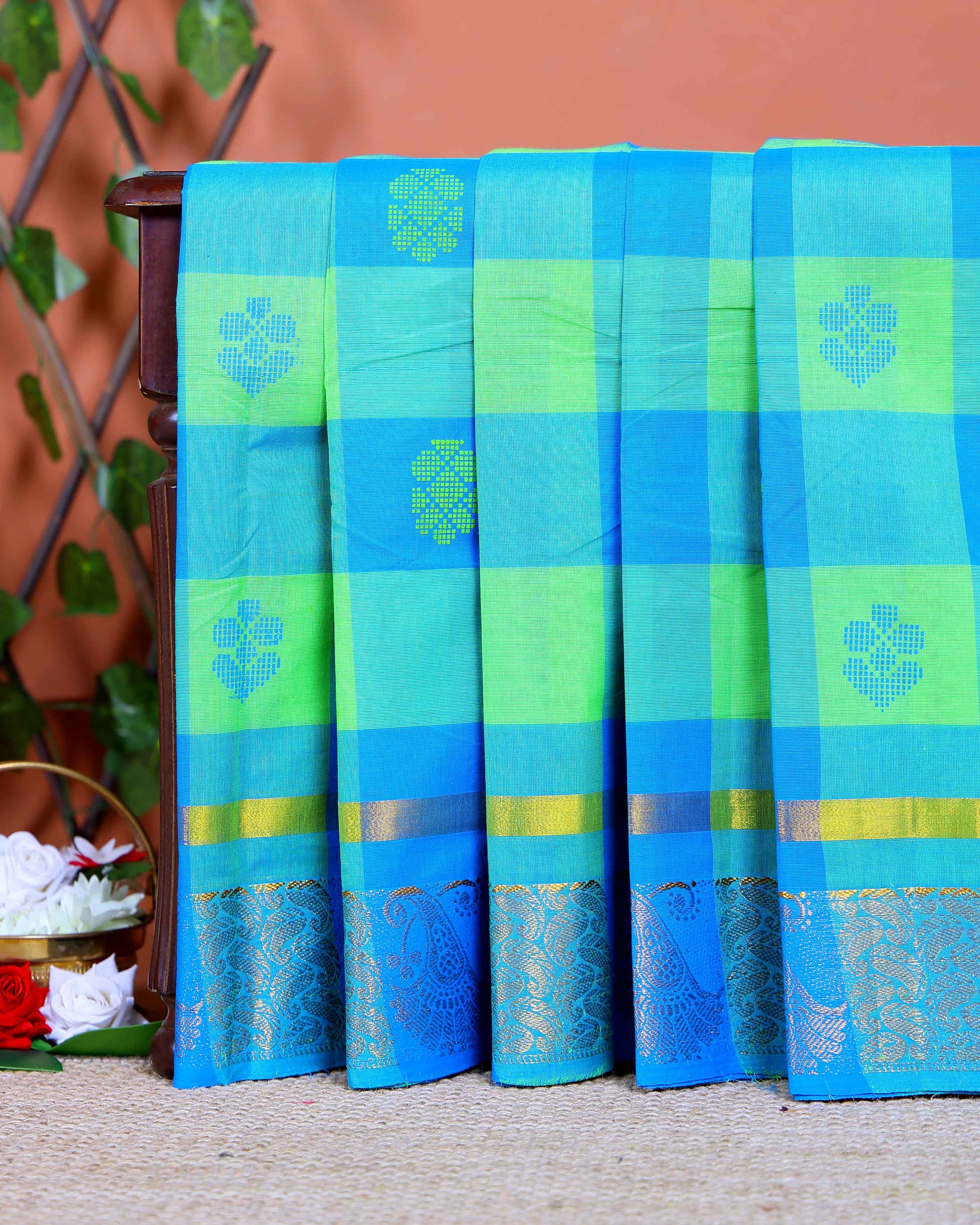 Traditional Chettinad Handloom Saree with Temple Border and Traditional Motifs - Green