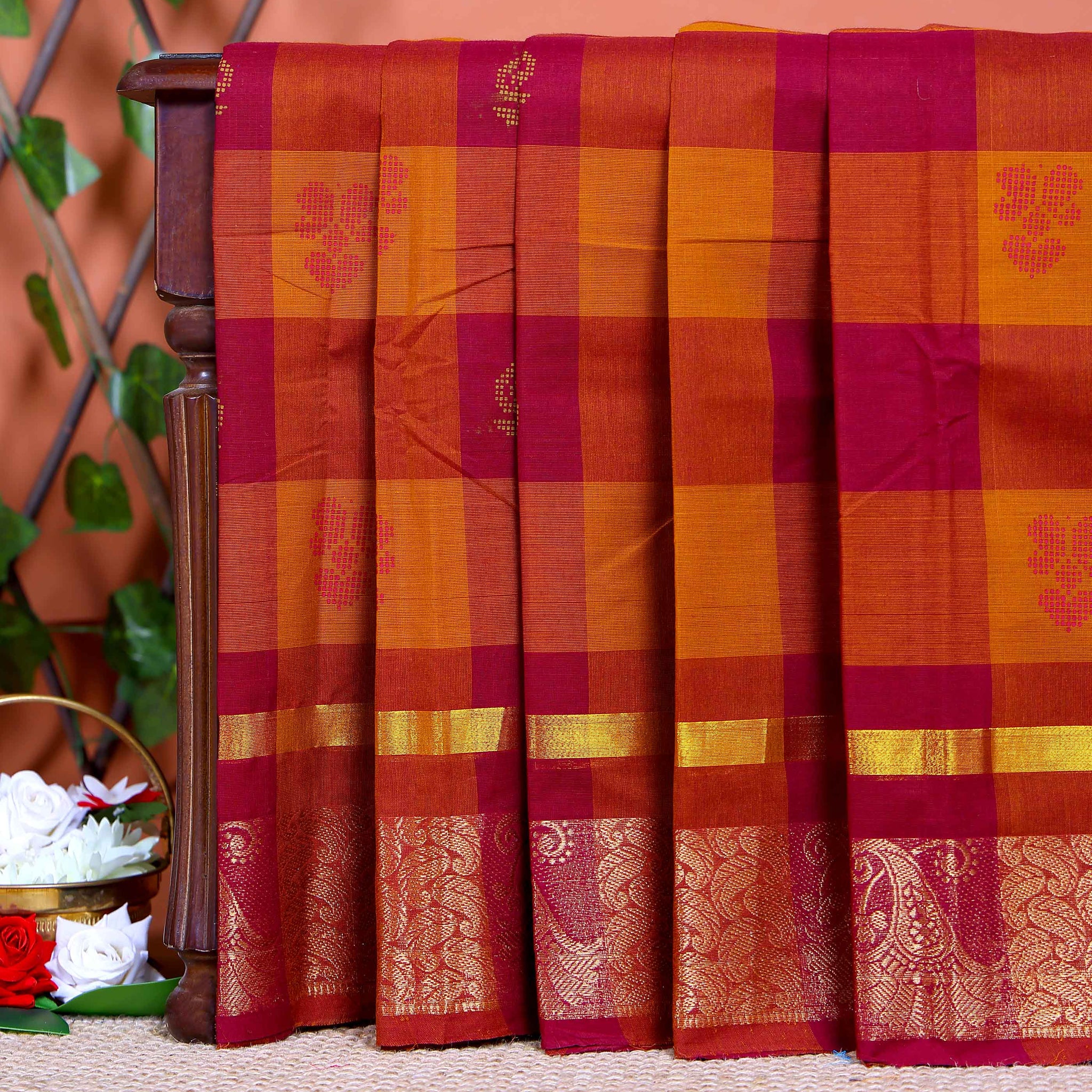 Traditional Chettinad Handloom Saree with Temple Border and Traditional Motifs - Multi