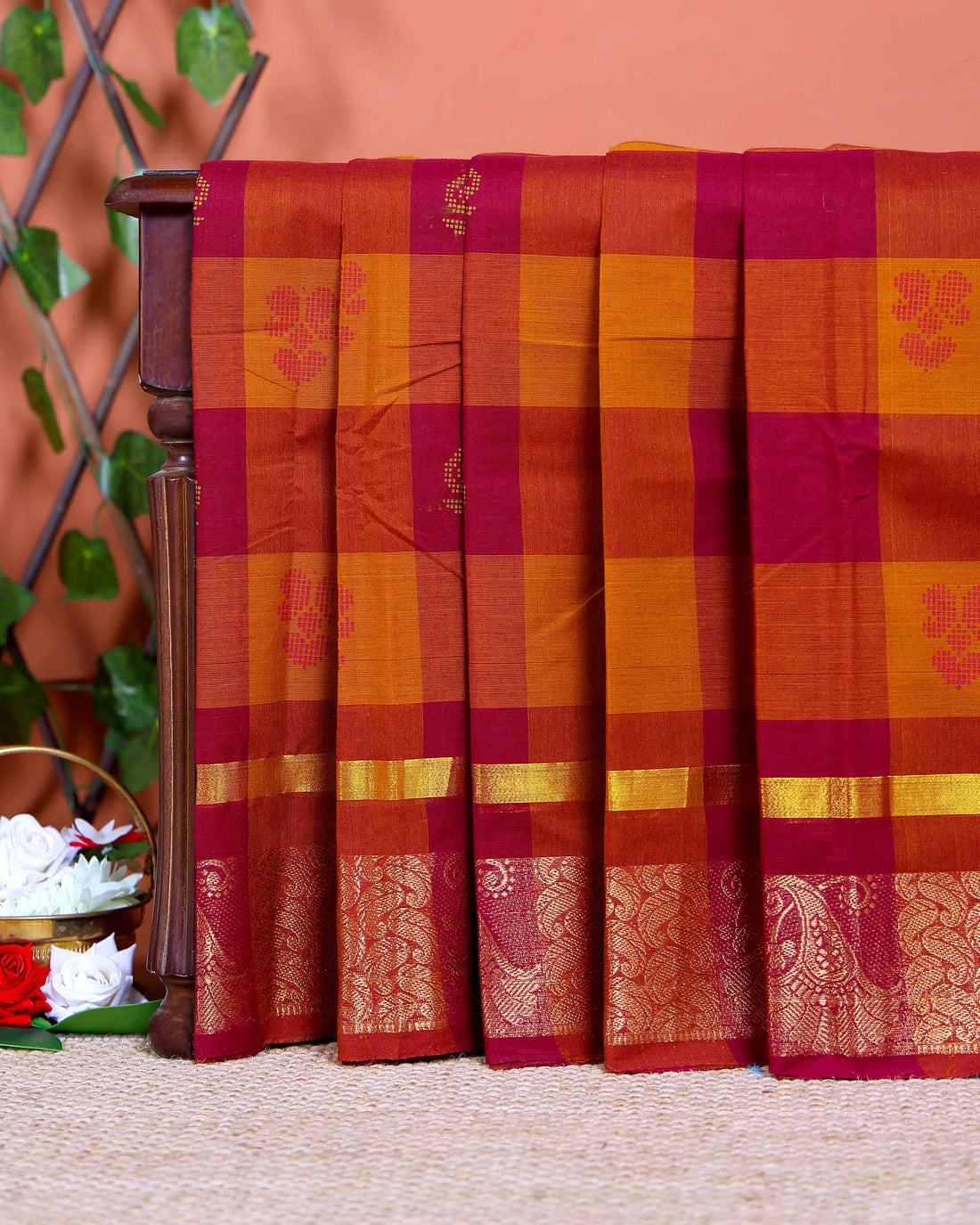 Traditional Chettinad Handloom Saree with Temple Border and Traditional Motifs - Multi
