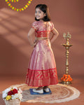 Traditional Dhavani Set For Girls With A Detailed Gold Zari Border And Matching Blouse - Pink-BACK