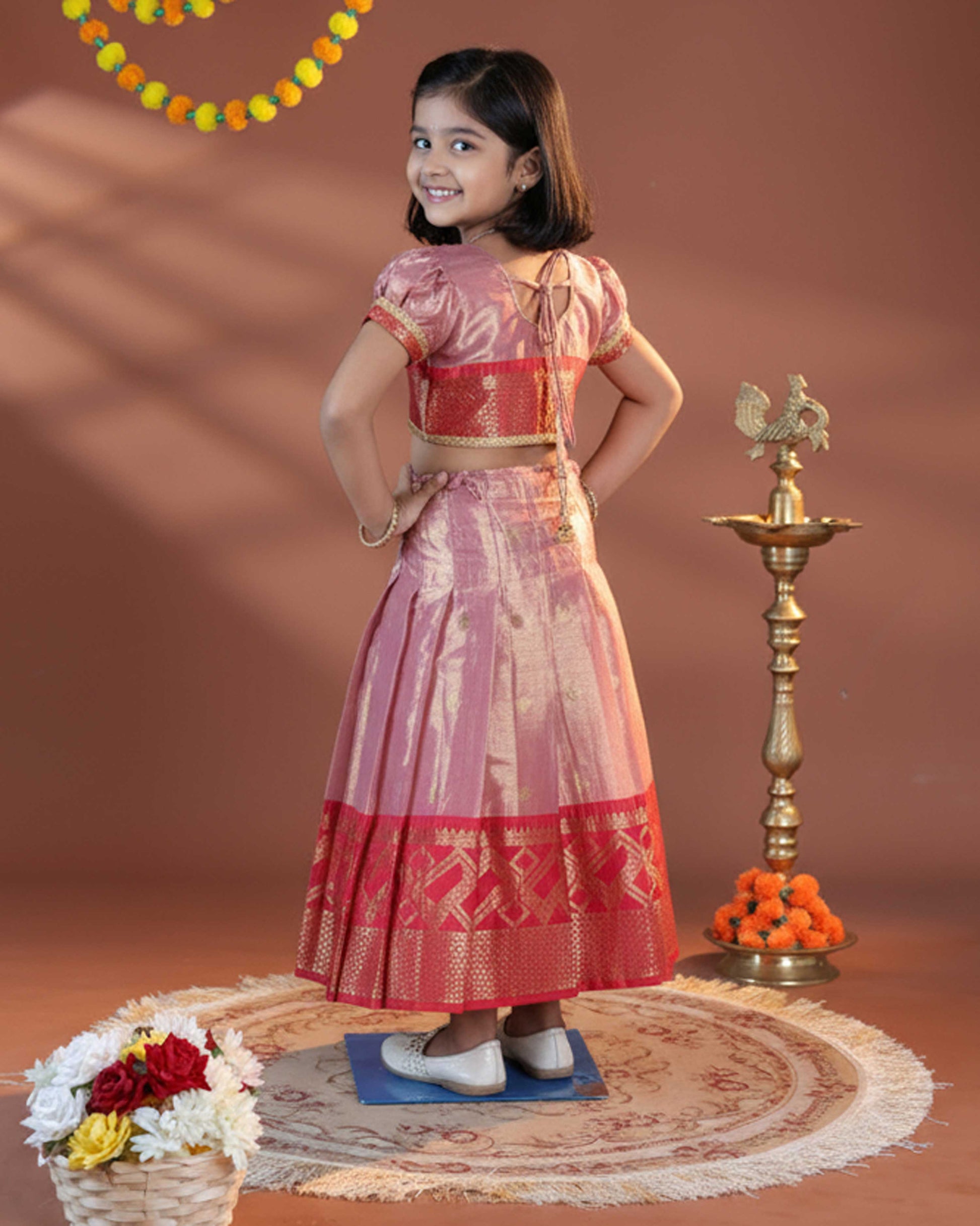 Traditional Dhavani Set For Girls With A Detailed Gold Zari Border And Matching Blouse - Pink-BACK