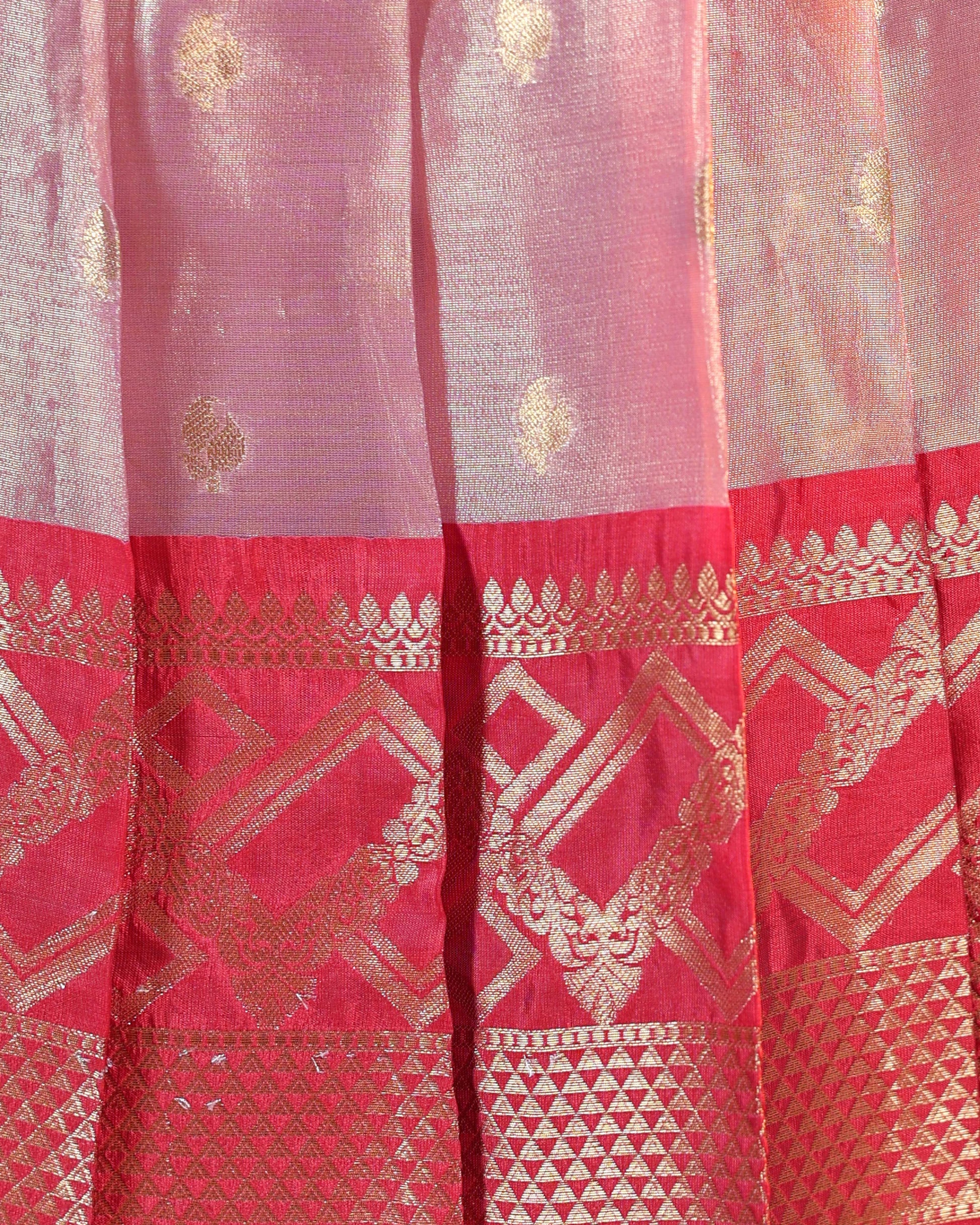 Traditional Dhavani Set For Girls With A Detailed Gold Zari Border And Matching Blouse - Pink-CLOSE
