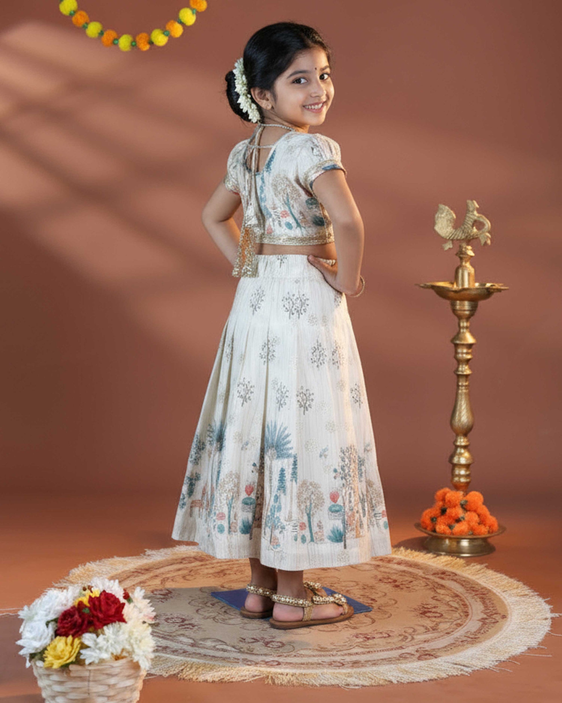 Traditional Dhavani Set for Girls with Embellished Blouse and Printed Skirt - Cream-Side