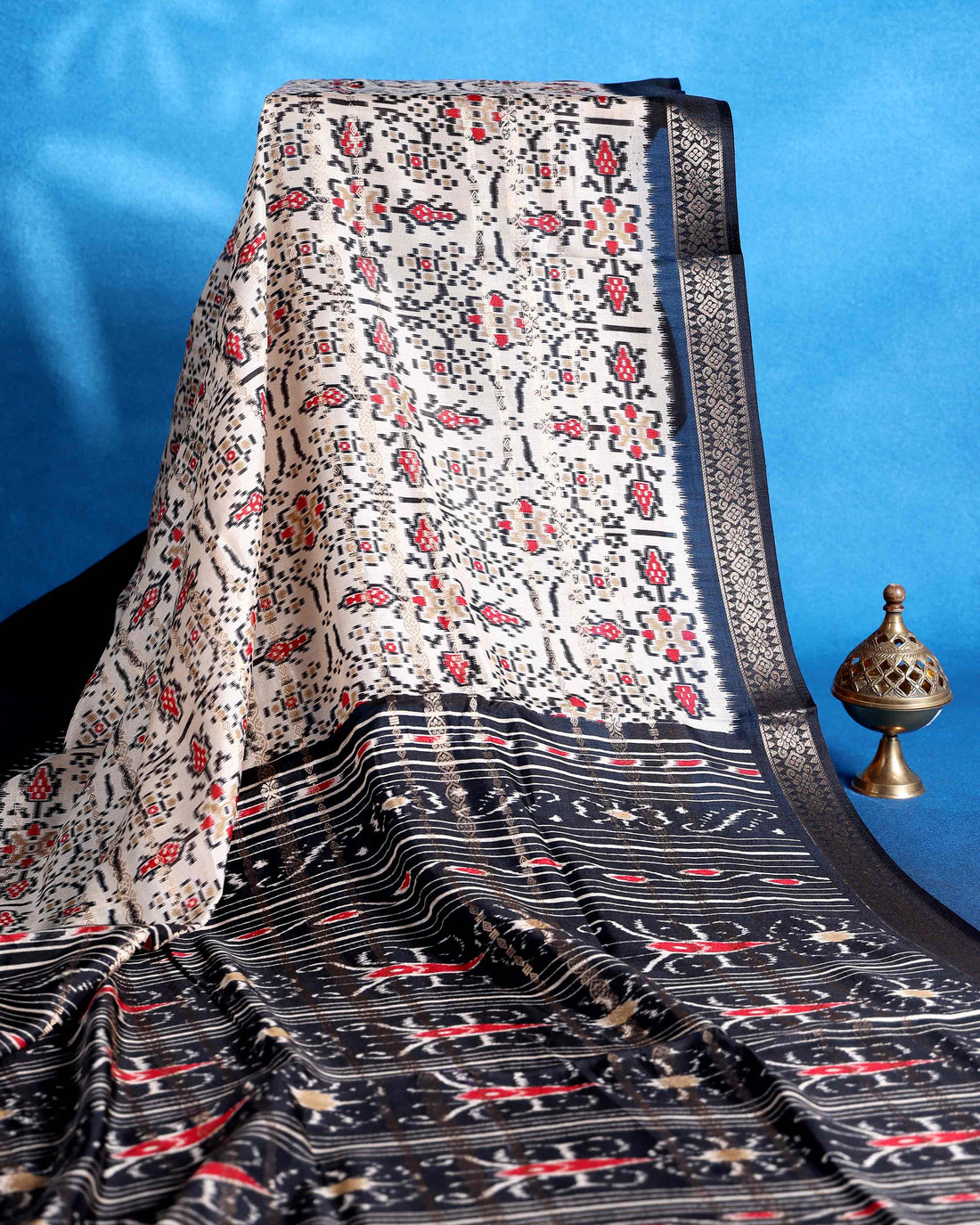Traditional Dola Saree with All Over Pochampally Inspired Motifs and Elegant Zari Woven Border - Off White
