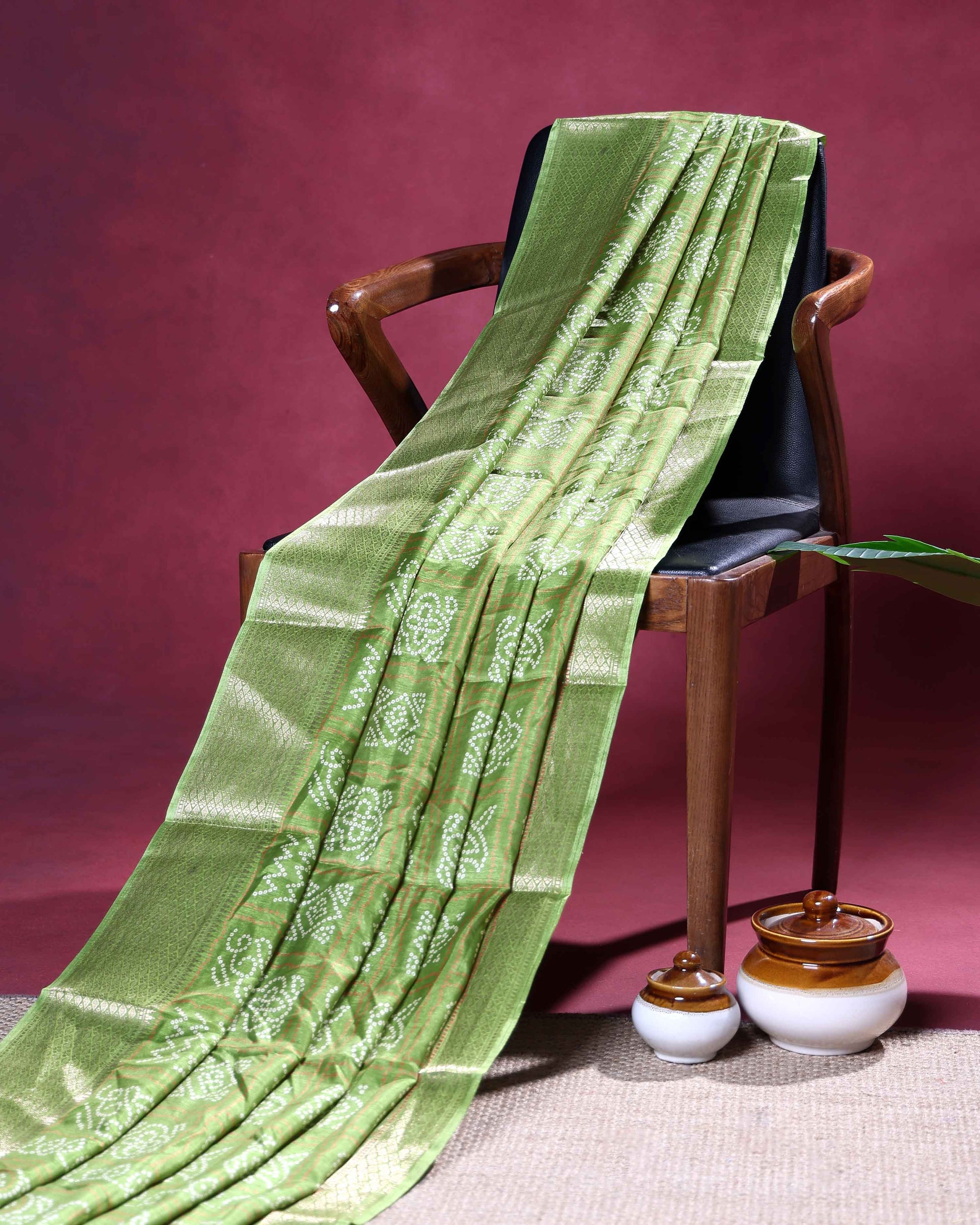 Traditional Dola Silk Saree with All-Over Bandhani Inspired Motifs and Intricate Woven Border - Green