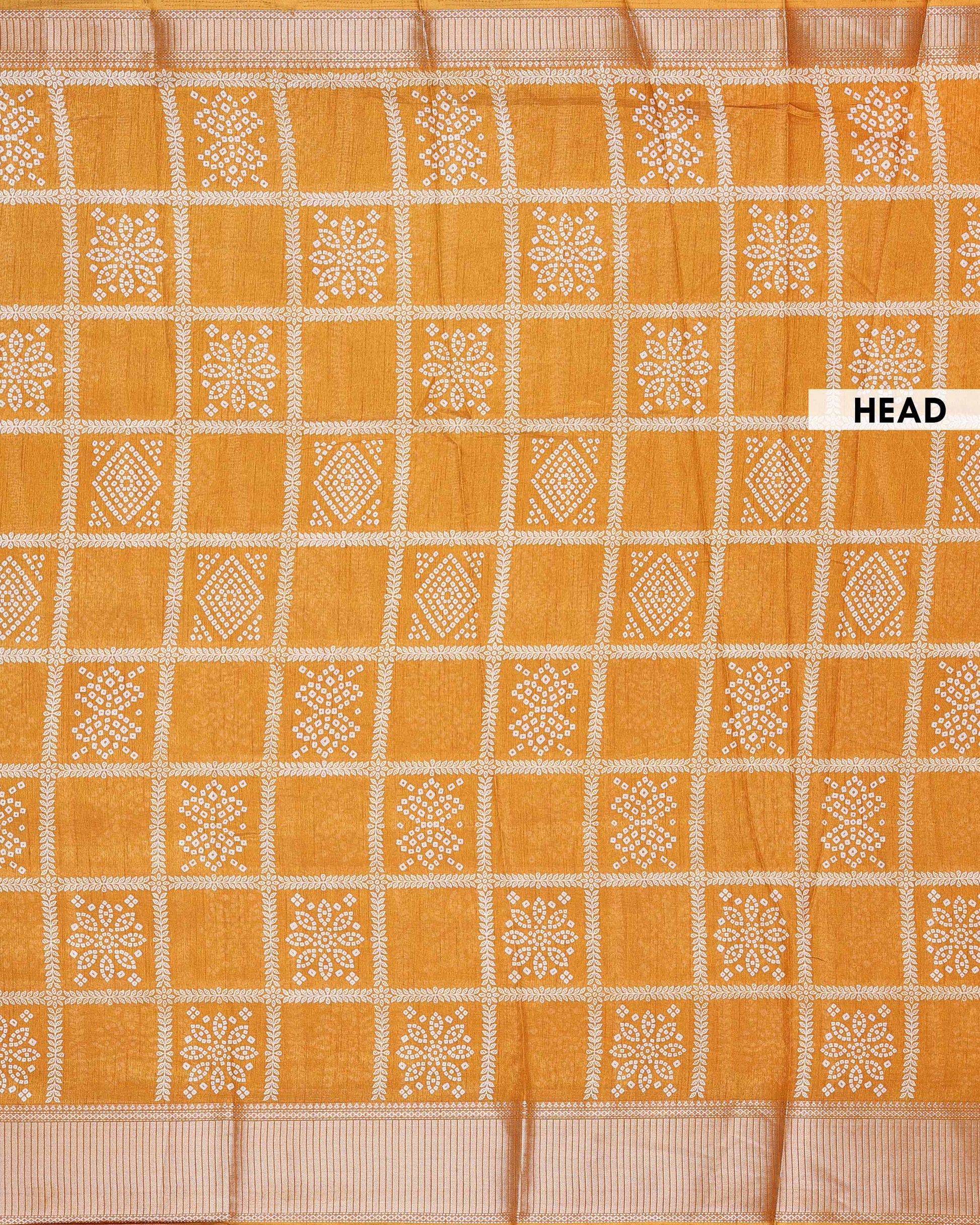 Traditional Dola Silk Saree with All-Over Bandhani Style Geometric Buta and Rich Woven Border - Mustard Yellow-Head