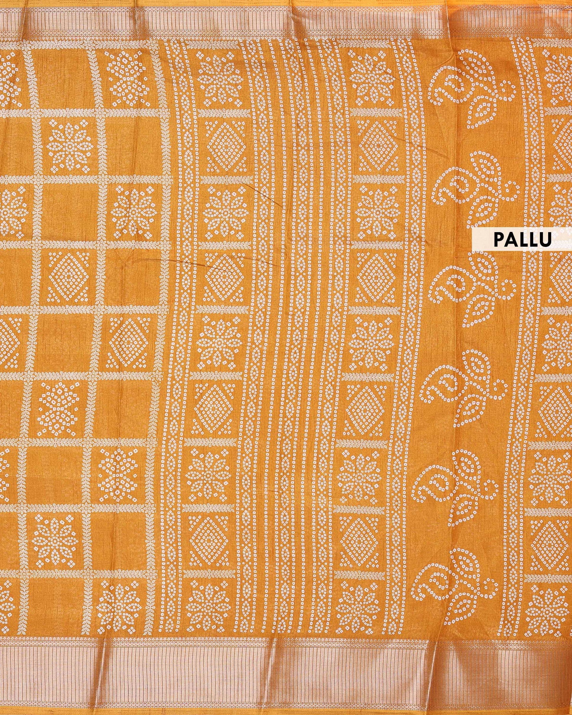 Traditional Dola Silk Saree with All-Over Bandhani Style Geometric Buta and Rich Woven Border - Mustard Yellow-Pallu