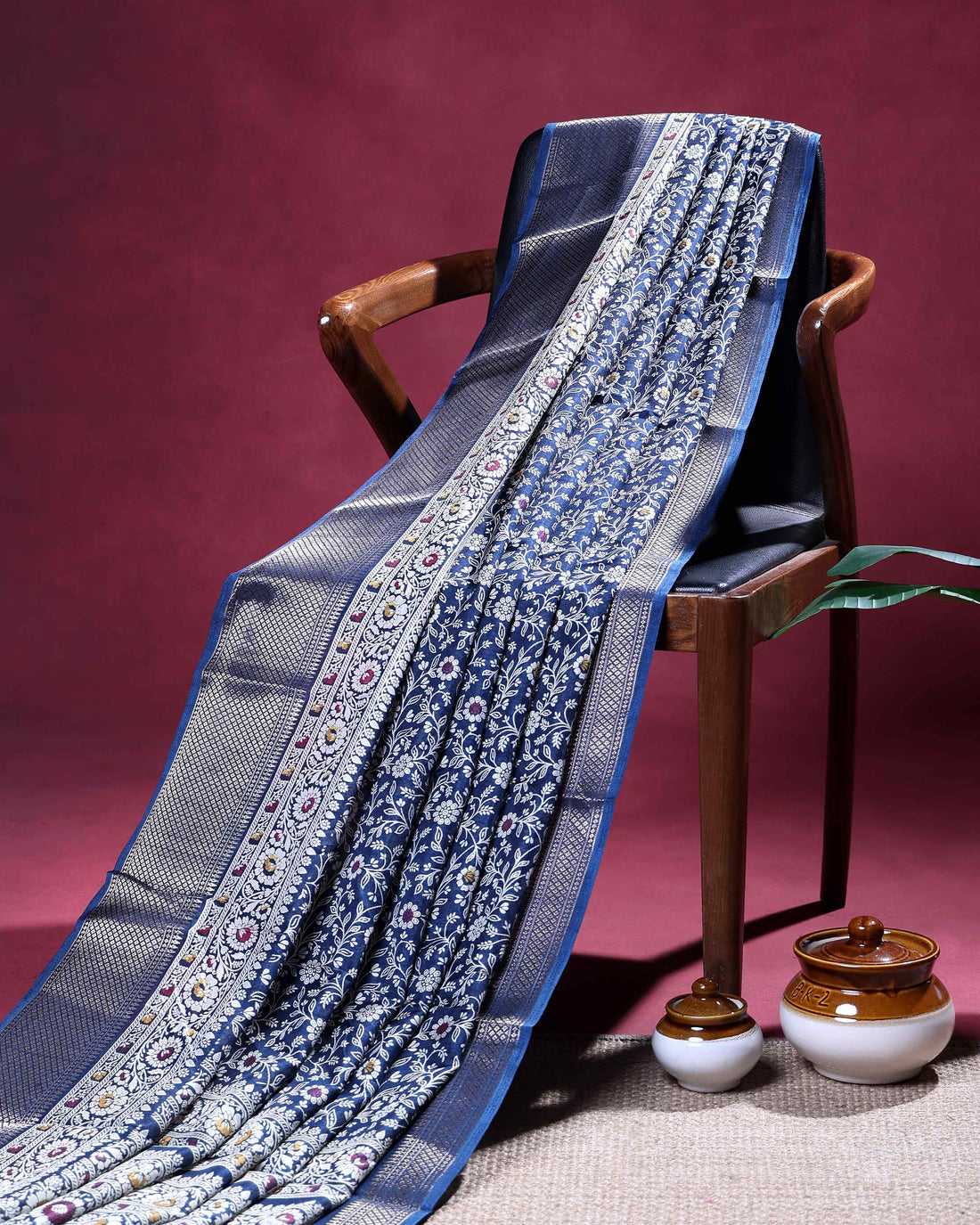 Traditional Dola Silk Saree with All-Over Floral Vine Motifs and Rich Traditional Zari Woven Border - Navy Blue