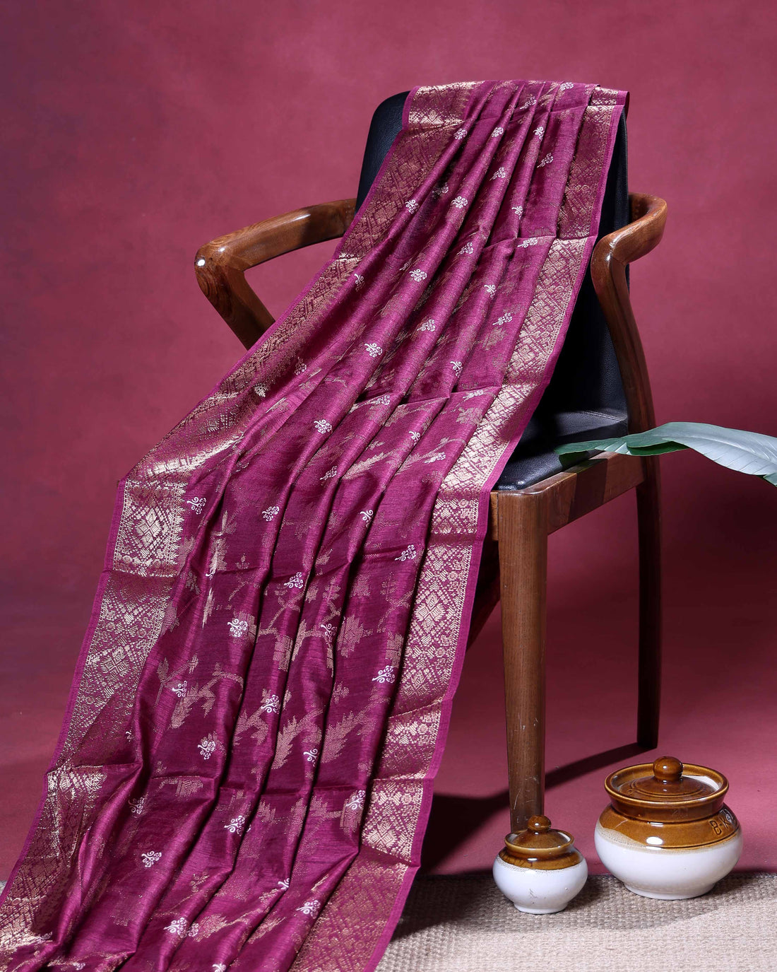 Traditional Dola Silk Saree with All Over Traditional Floral Vine Motifs & Woven Zari Border - Purple