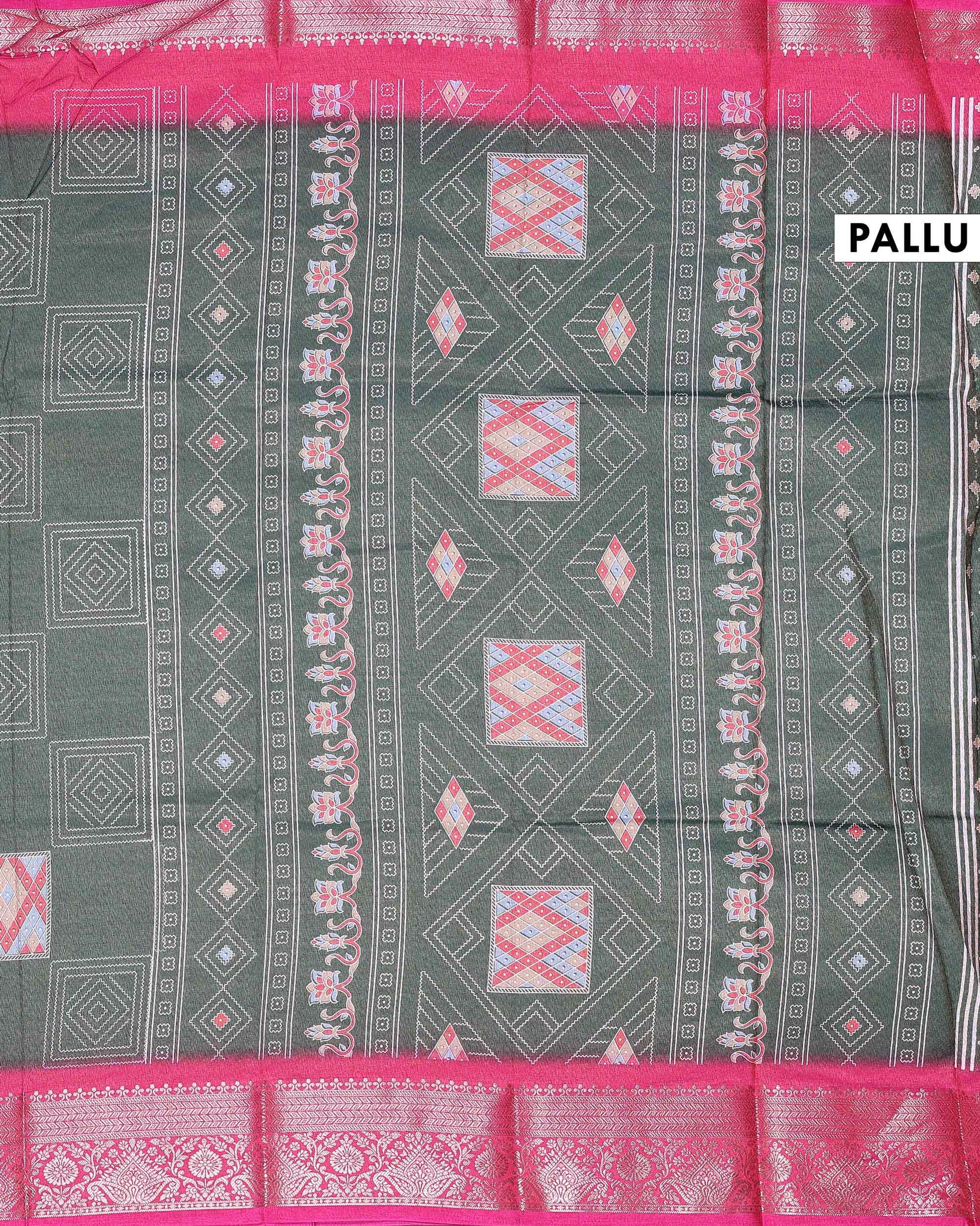 Traditional Dola Silk Saree with Geometric Diamond Buta Weaving and Ornate Zari Border - Green-Pallu