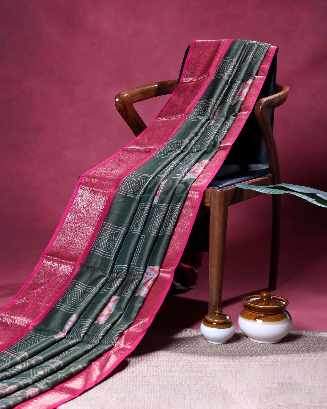 Traditional Dola Silk Saree with Geometric Diamond Buta Weaving and Ornate Zari Border - Green