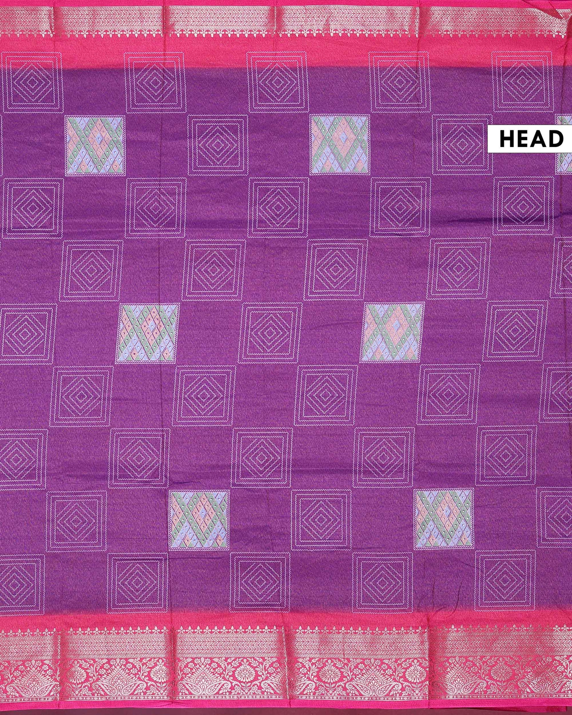 Traditional Dola Silk Saree with Geometric Diamond Buta Weaving and Ornate Zari Border - Purple-Head