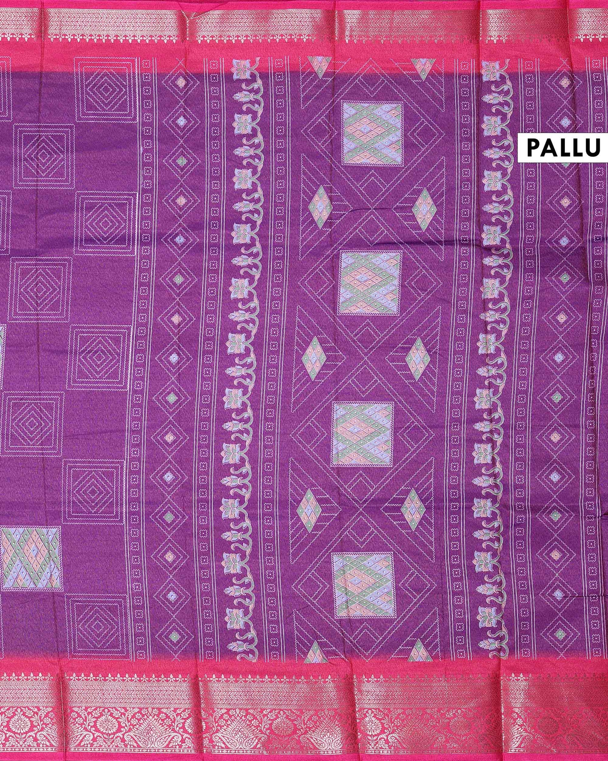 Traditional Dola Silk Saree with Geometric Diamond Buta Weaving and Ornate Zari Border - Purple-Pallu