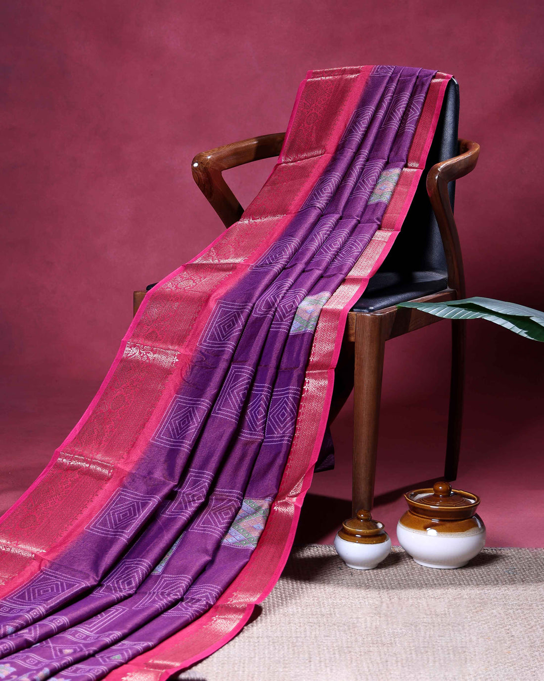 Traditional Dola Silk Saree with Geometric Diamond Buta Weaving and Ornate Zari Border - Purple
