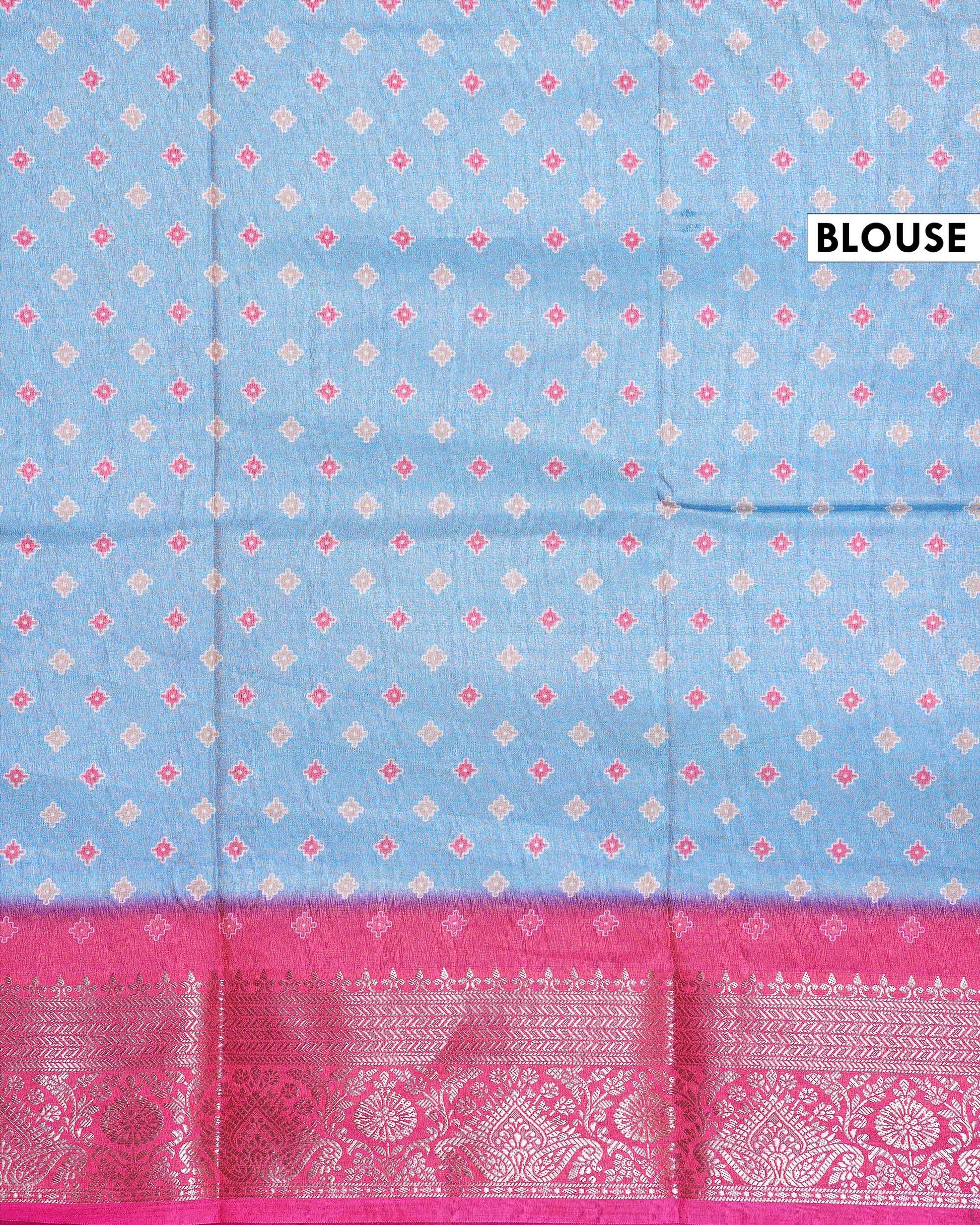 Traditional Dola Silk Saree with Geometric Diamond Motifs and Intricate Woven Border - Light Blue-Blouse
