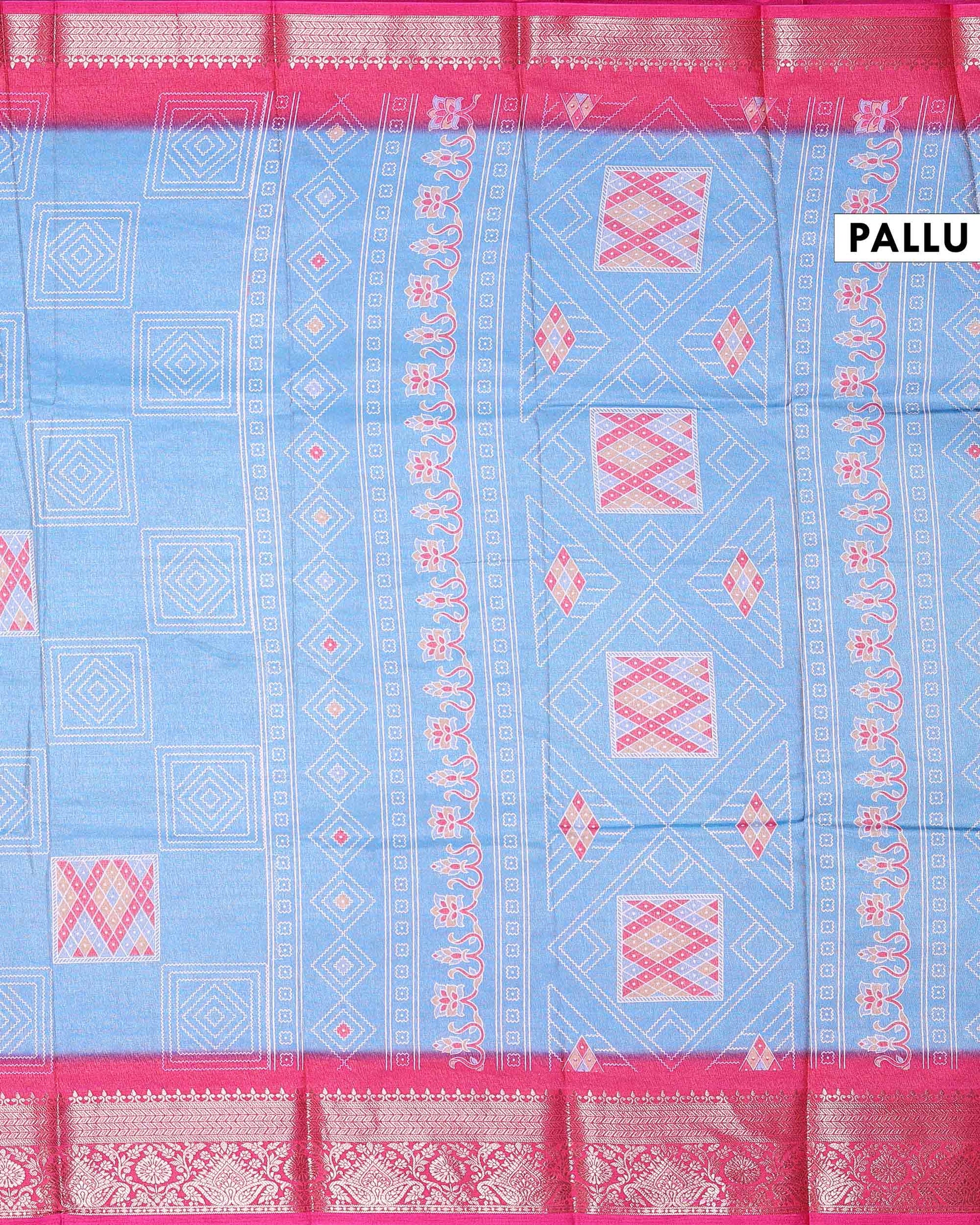Traditional Dola Silk Saree with Geometric Diamond Motifs and Intricate Woven Border - Light Blue-Pallu