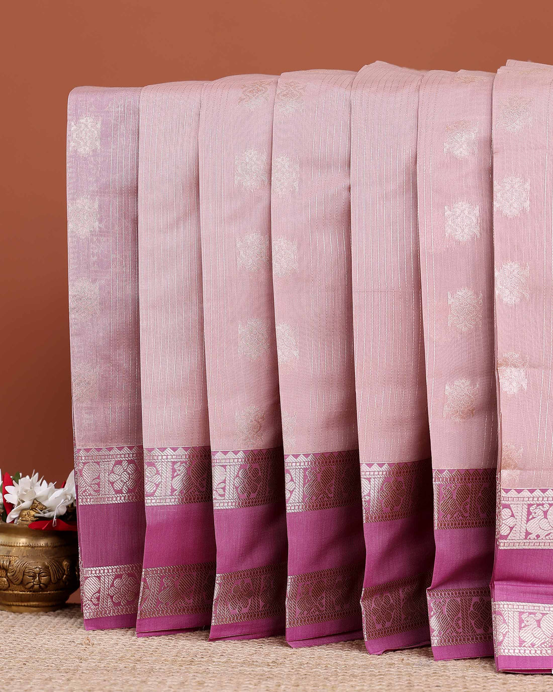 Traditional Elampillai Silk Cotton Saree Adorned with Woven Zari Motifs and a Contrasting Border  - Light Pink