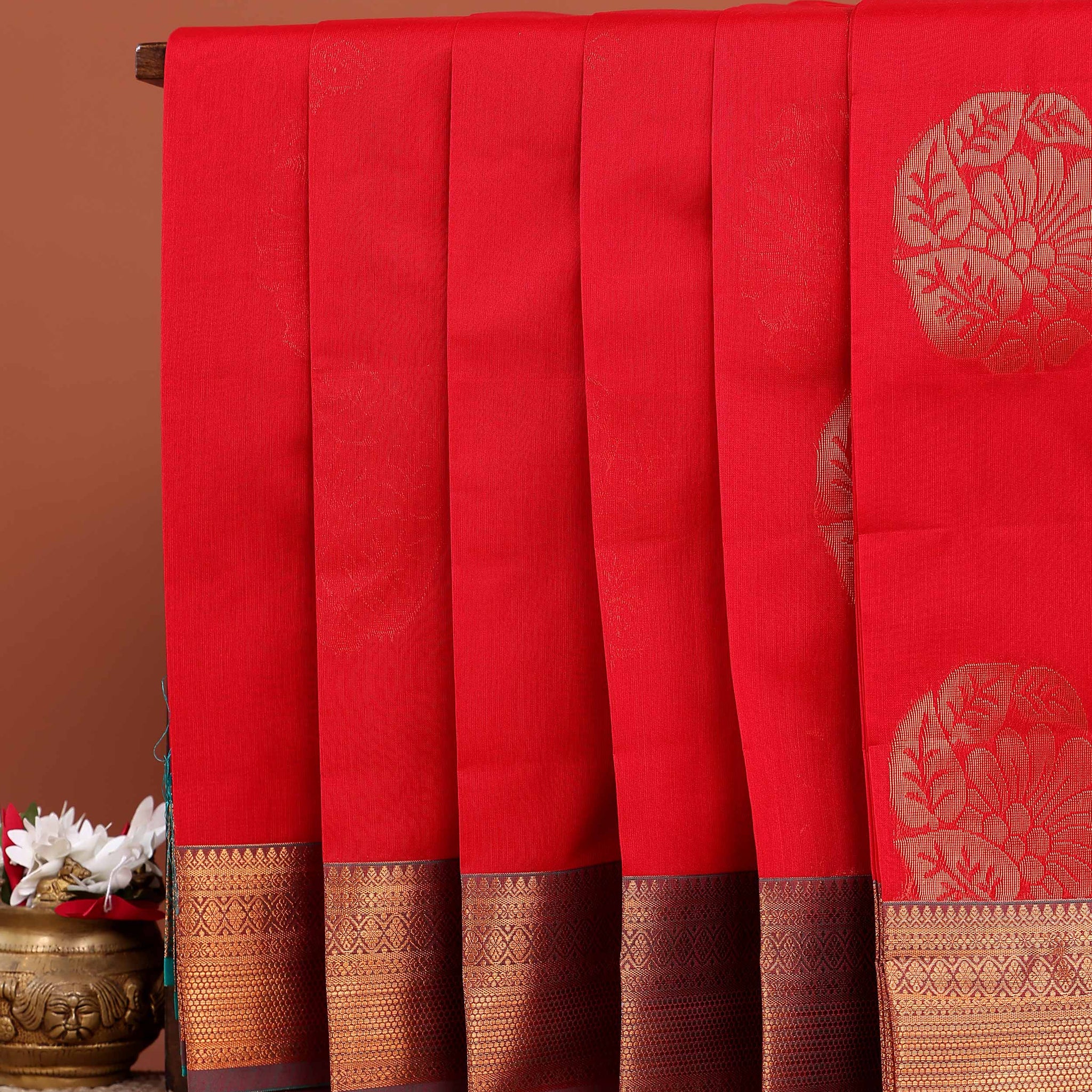 Traditional Elampillai Silk Cotton Saree with Intricate Zari Border Weave and Self-Jacquard Body - Red