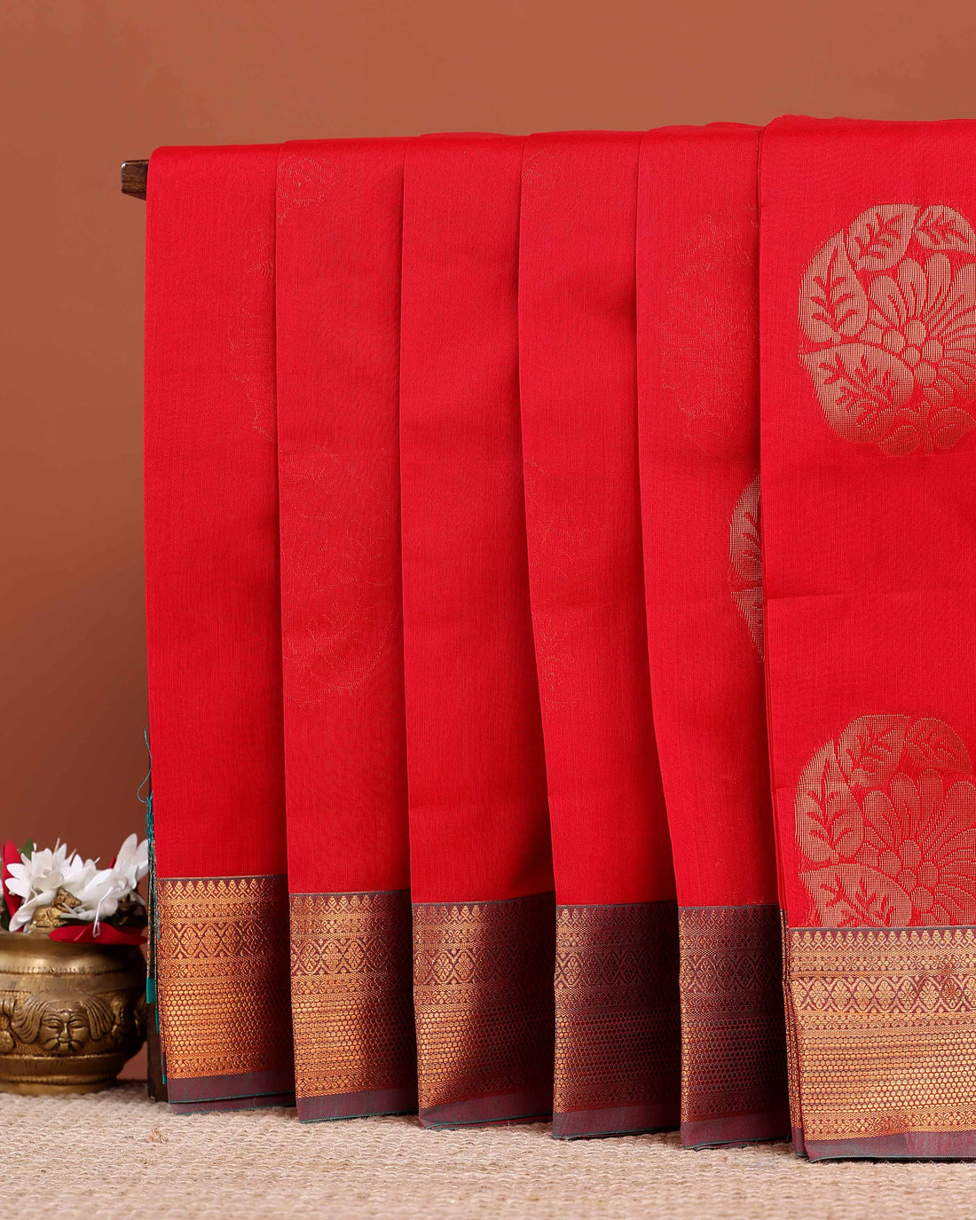 Traditional Elampillai Silk Cotton Saree with Intricate Zari Border Weave and Self-Jacquard Body - Red