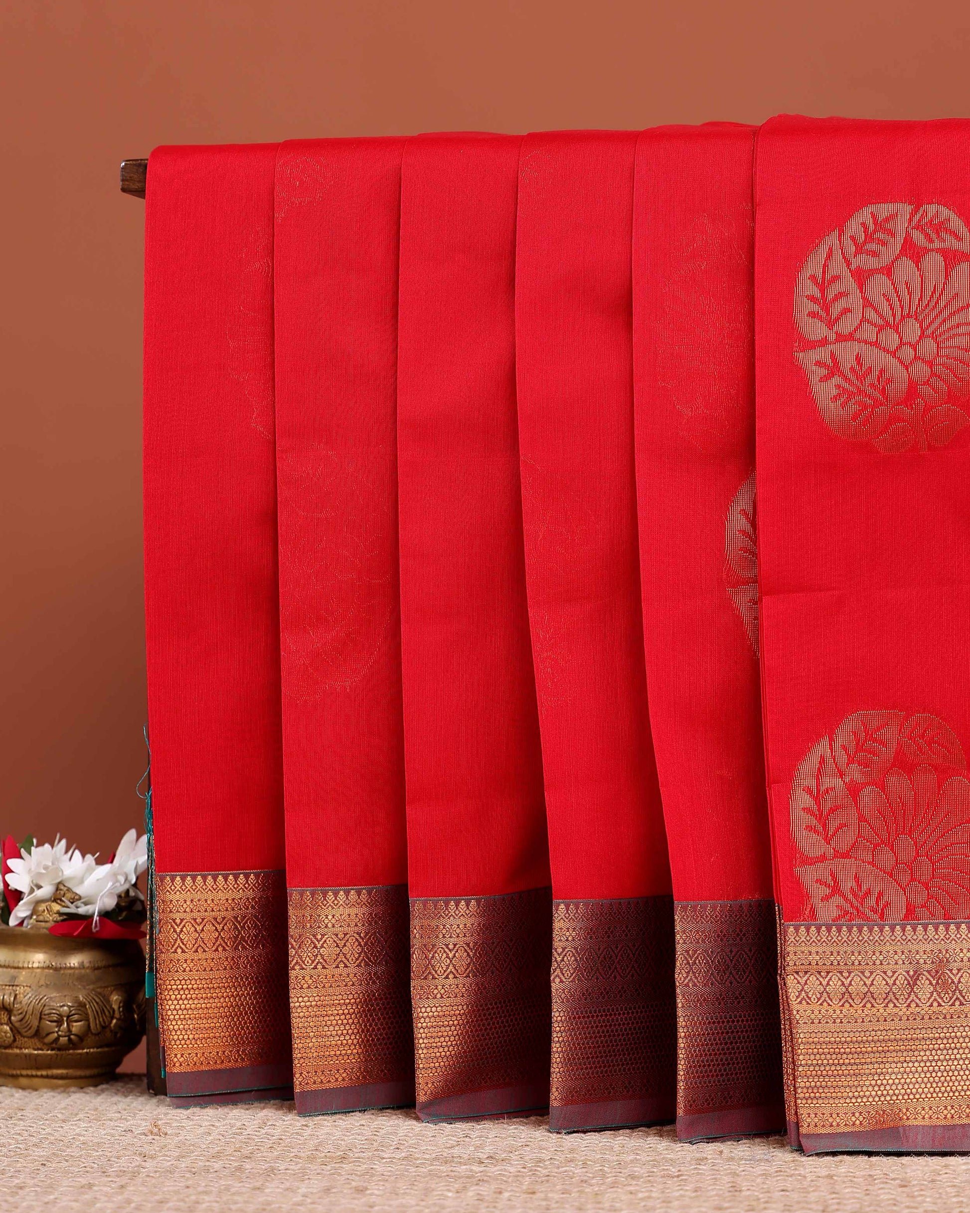 Traditional Elampillai Silk Cotton Saree with Intricate Zari Border Weave and Self-Jacquard Body - Red