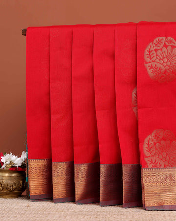Traditional Elampillai Silk Cotton Saree with Intricate Zari Border Weave and Self-Jacquard Body - Red
