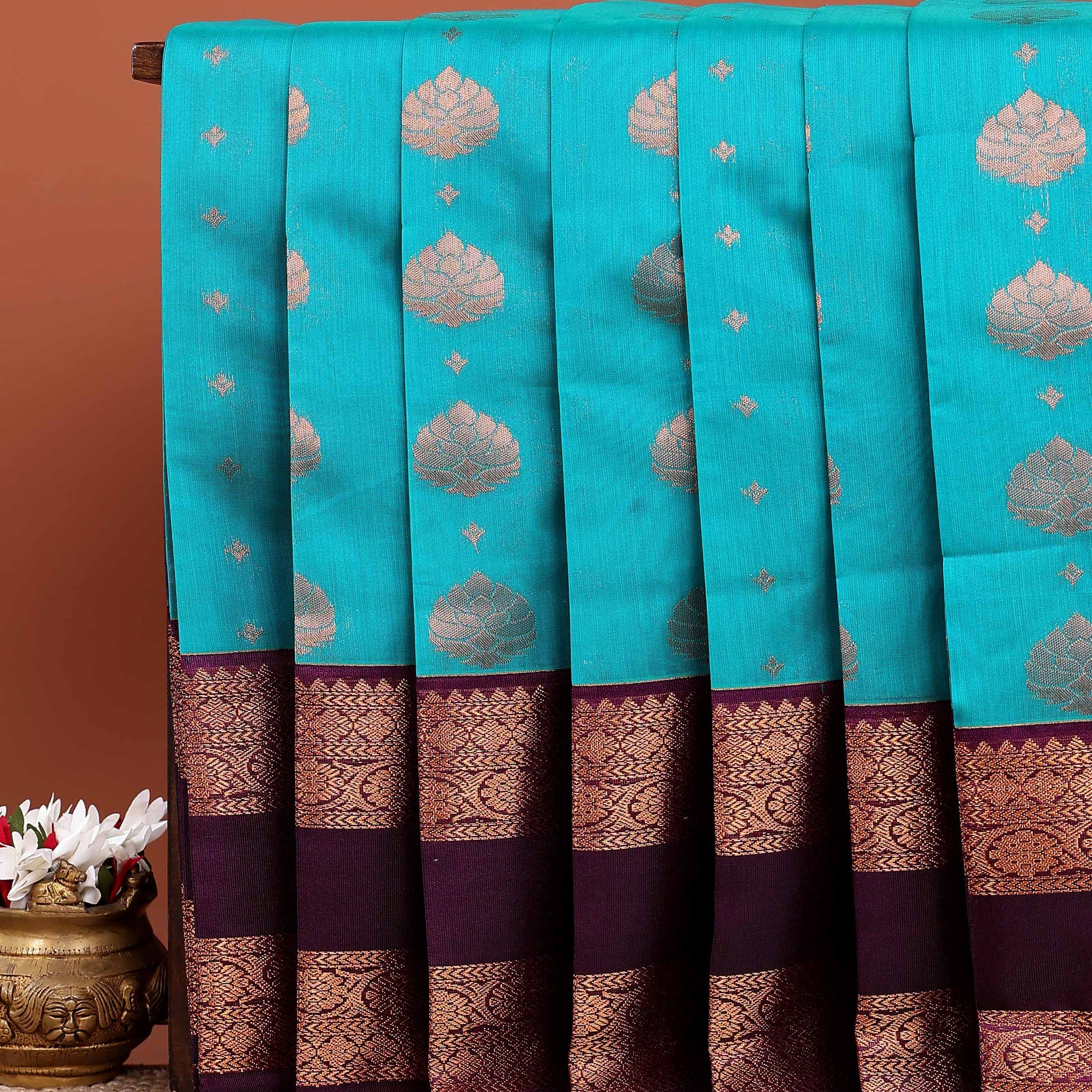 Traditional Elampillai Silk Cotton Saree with Lotus Motif Buttas and Grand Contrast Zari Woven Border - Blue