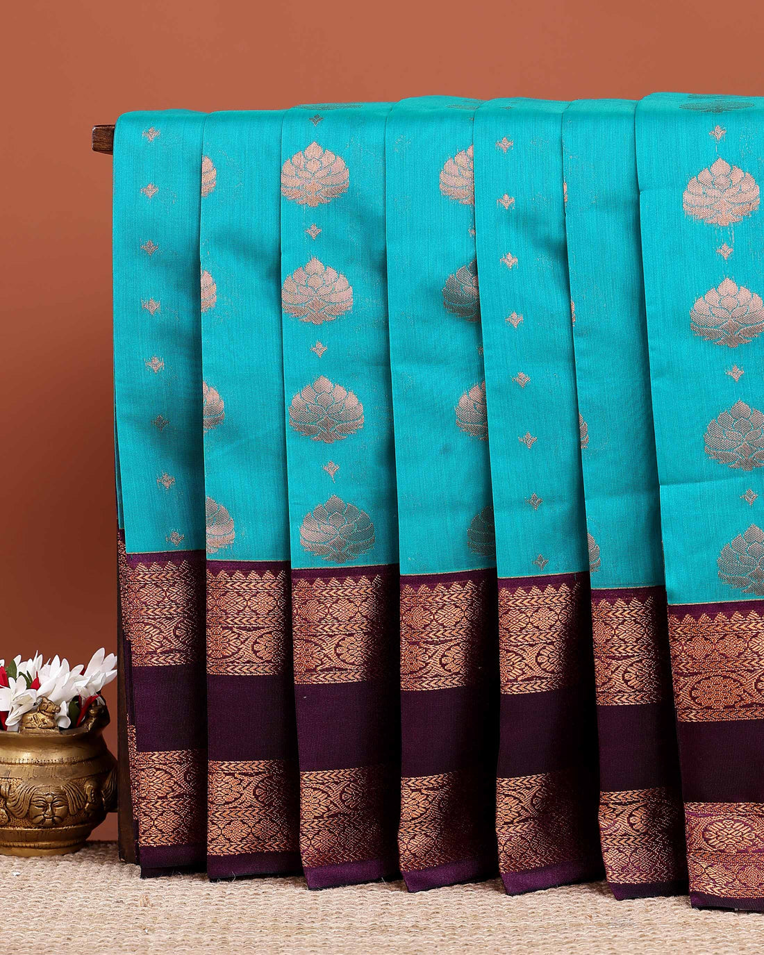 Traditional Elampillai Silk Cotton Saree with Lotus Motif Buttas and Grand Contrast Zari Woven Border - Blue