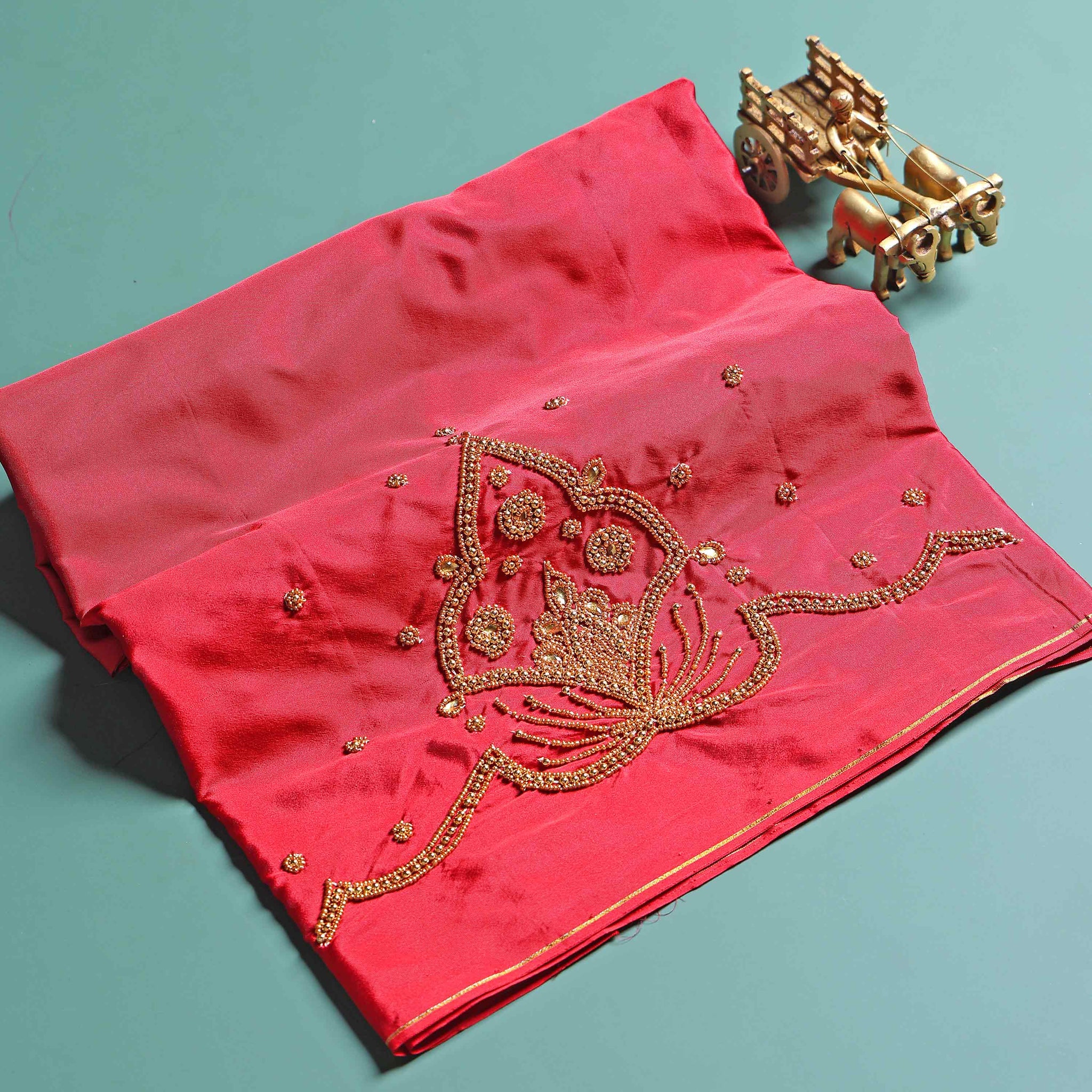Traditional Embroidered Designer Blouse Material with Intricate Bead and Thread Work -Red