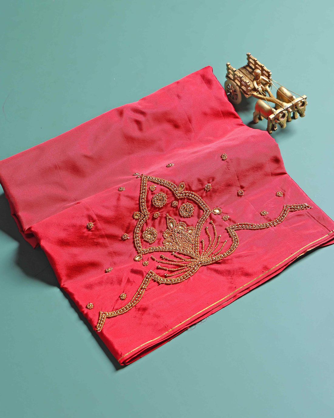 Traditional Embroidered Designer Blouse Material with Intricate Bead and Thread Work -Red