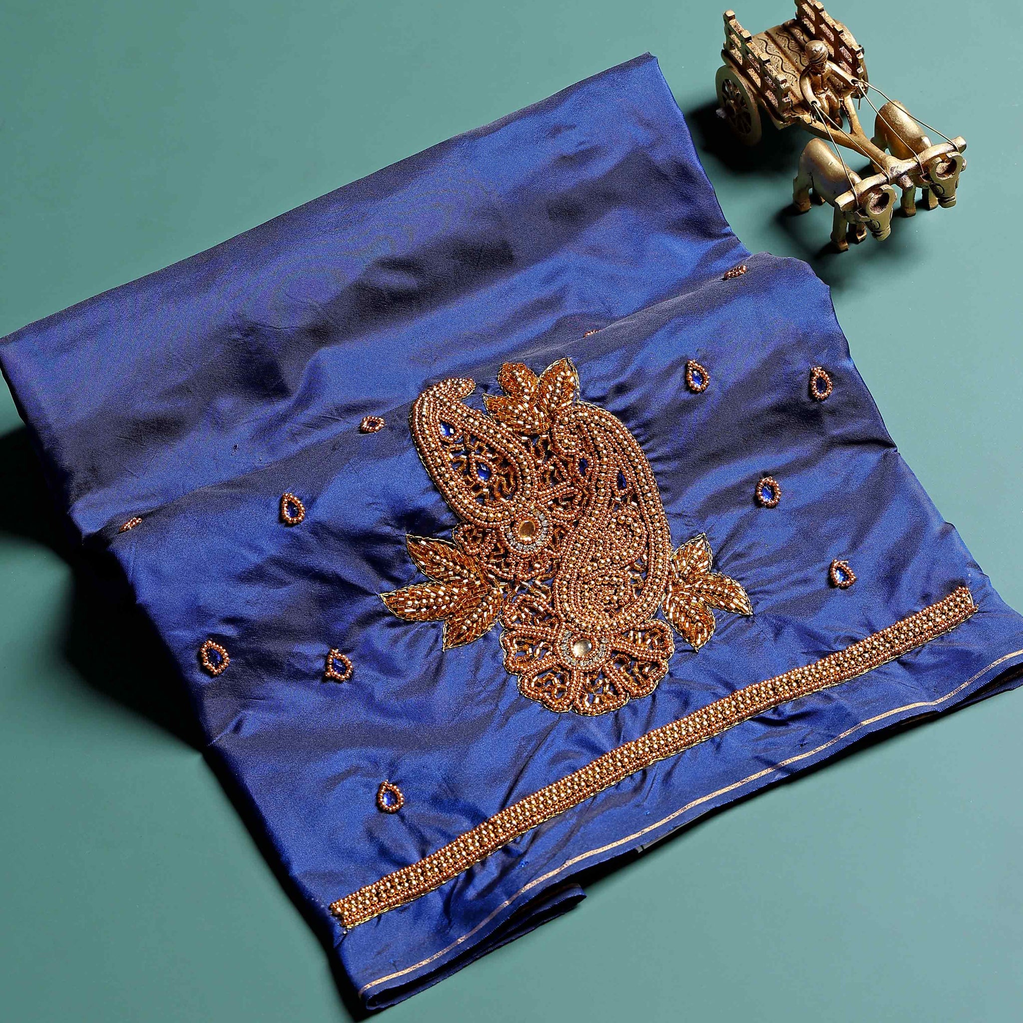 Traditional Embroidered Designer Blouse Material with Intricate Bead and Thread Work - Blue