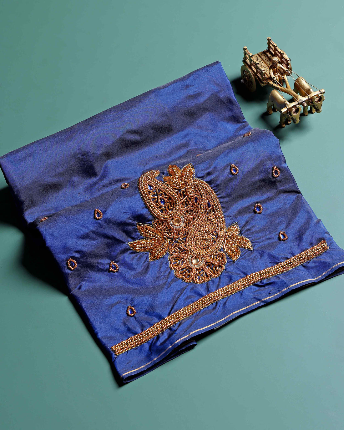 Traditional Embroidered Designer Blouse Material with Intricate Bead and Thread Work - Blue