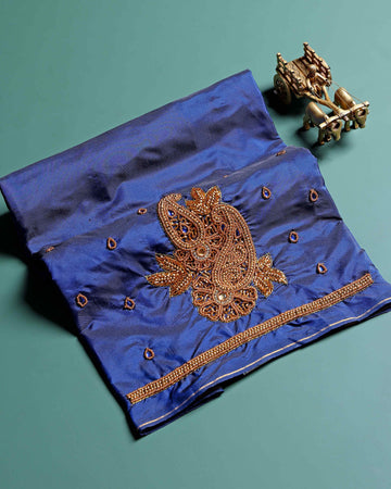 Traditional Embroidered Designer Blouse Material with Intricate Bead and Thread Work - Blue