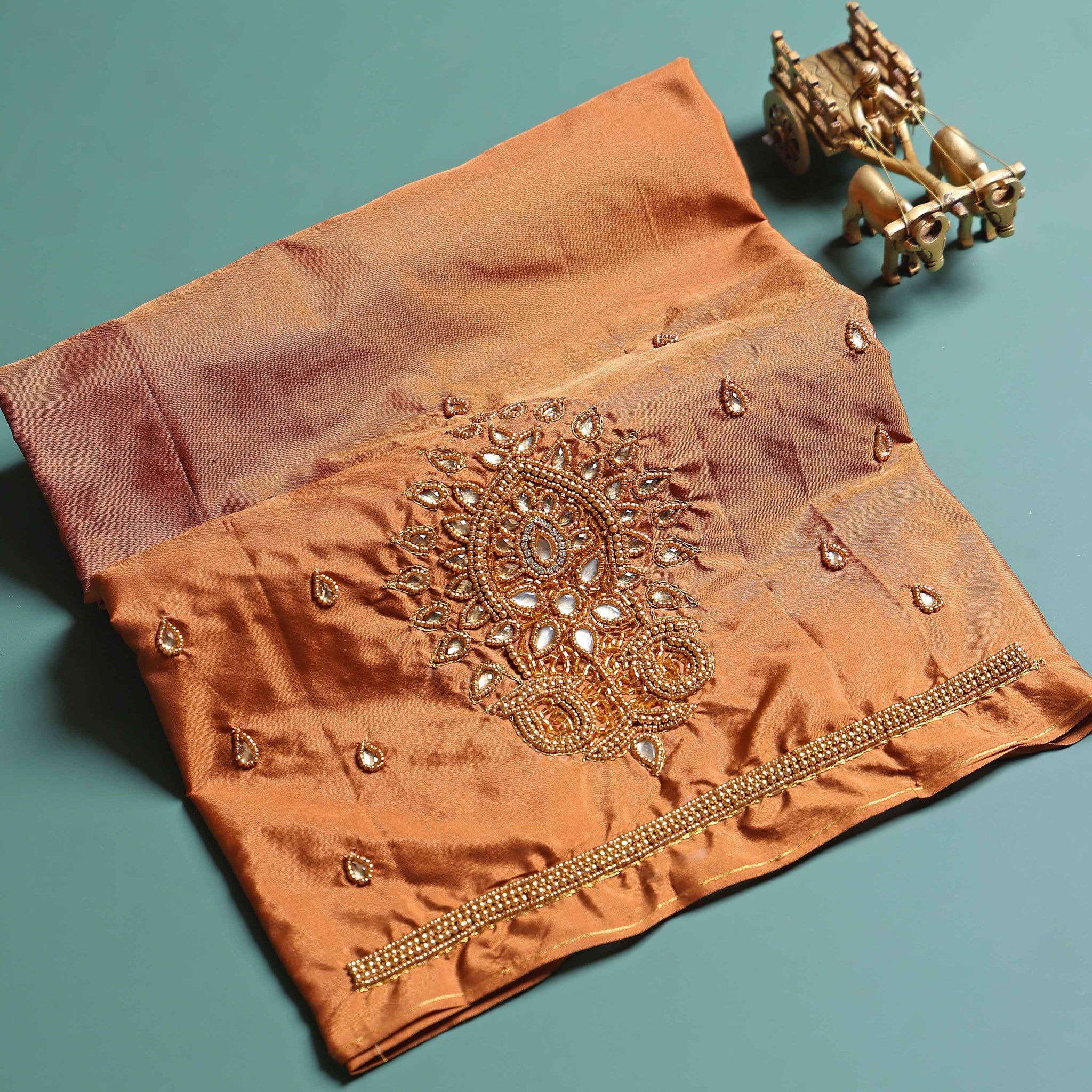 Traditional Embroidered Designer Blouse Material with Intricate Bead and Thread Work - Brown