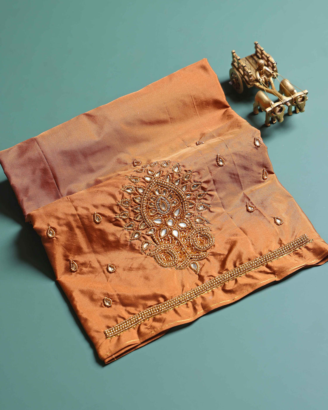 Traditional Embroidered Designer Blouse Material with Intricate Bead and Thread Work - Brown