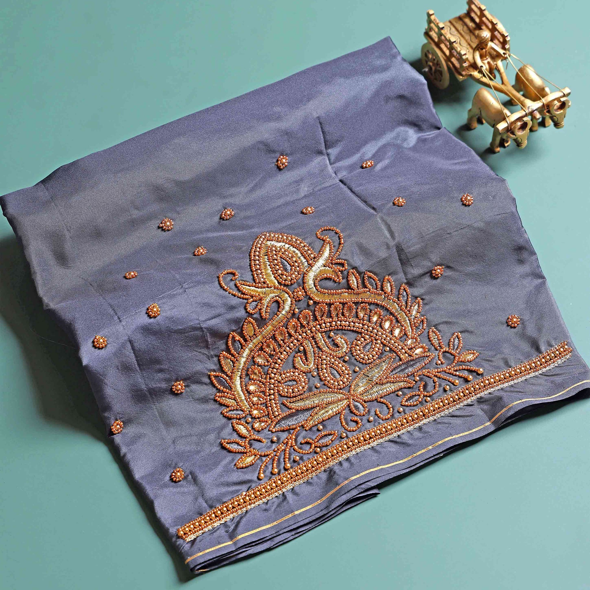 Traditional Embroidered Designer Blouse Material with Intricate Bead and Thread Work - Grey